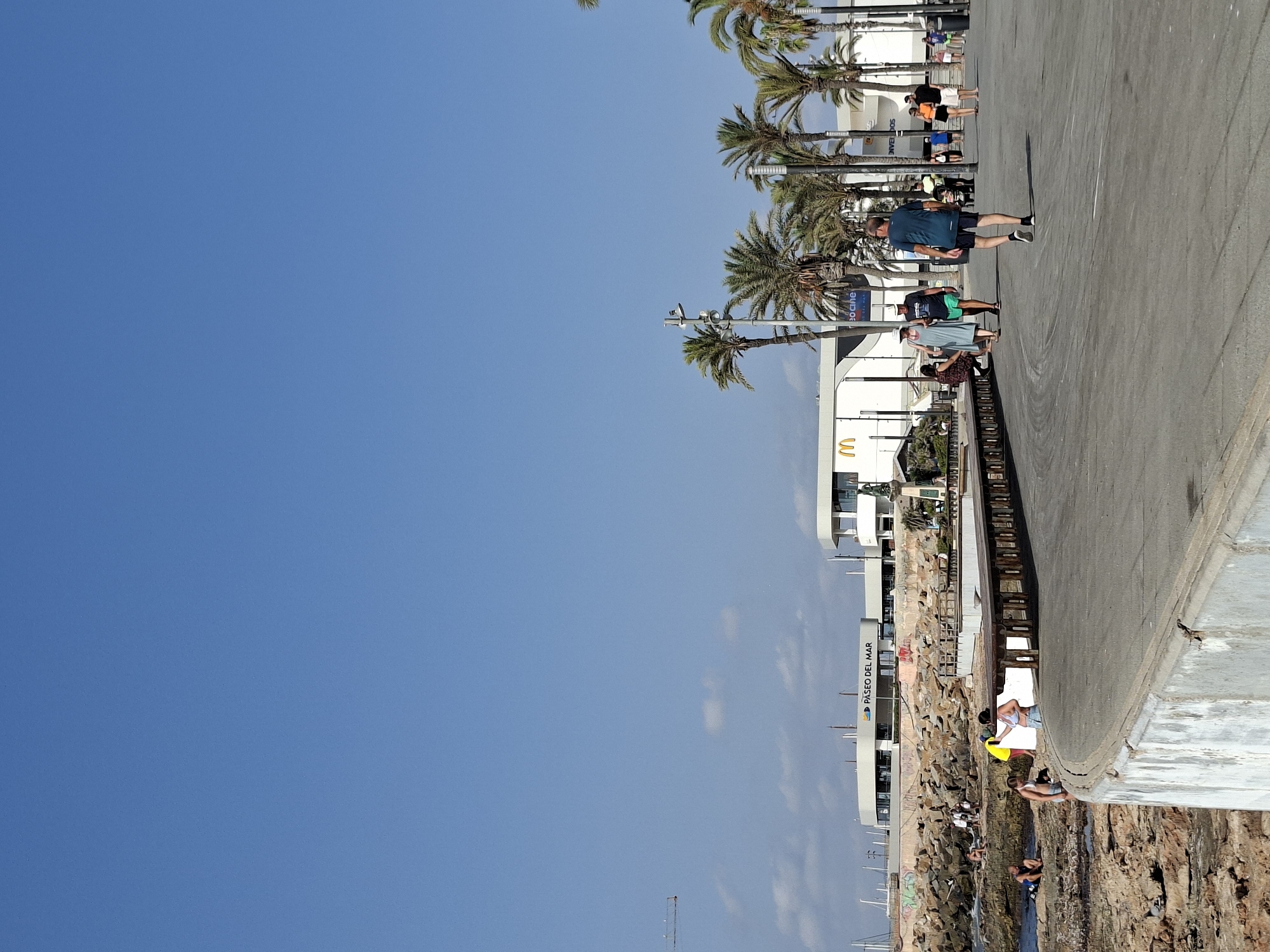 The image depicts a view of the Paseo del Mar in Torrevieja, Spain. The foreground is dominated by a curving concrete promenade with a white, weathered railing on the left. To the left of the promenade, rough, rocky terrain meets the sea, with several individuals seated or standing on the rocks, some appearing to be sunbathing. A wooden bench structure runs along the edge of the promenade, overlooking the rocky area.
In the mid-ground, a modern building with a white facade and arched windows is visible, bearing the signage "PASEO DEL MAR". To the right of this building, a distinct golden McDonald's logo is present on another white structure. A line of palm trees runs along the edge of the promenade, separating it from the buildings.
Numerous people are walking along the promenade. A man in a dark blue t-shirt and black shorts is walking away from the camera. Further back, a group of people are walking together, including a woman in a light blue dress and a man in a dark t-shirt and green shorts. Other individuals are scattered across the promenade, some walking in pairs, others individually.
The background shows a clear blue sky with a few wispy clouds. In the far left distance, a construction crane is visible. The overall scene suggests a sunny day at a popular seaside location.