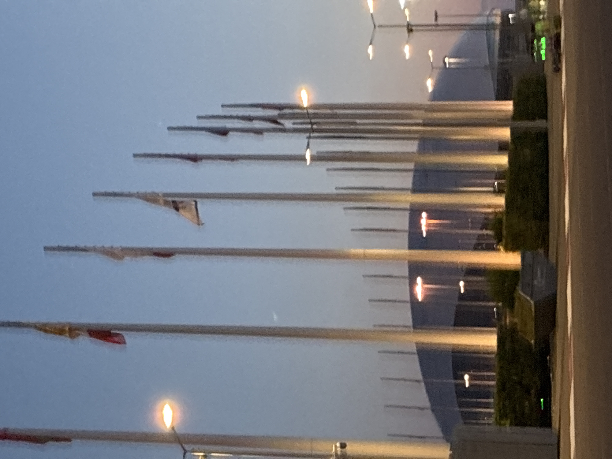 The image captures an outdoor scene in Sirius, Russia, possibly during dusk, as indicated by the twilight sky and illuminated streetlights. Several tall flagpoles stand prominently in the foreground, some with flags partially visible. Behind the flagpoles, a large, modern building with a curved roof is discernible. The building appears to be an arena or stadium. The foreground also shows a manicured hedge, a concrete planter, and a road. A small, green vehicle, possibly a service cart, is visible on the right side of the road. The overall atmosphere is one of civic architecture and open space, suggesting a public or sporting venue.