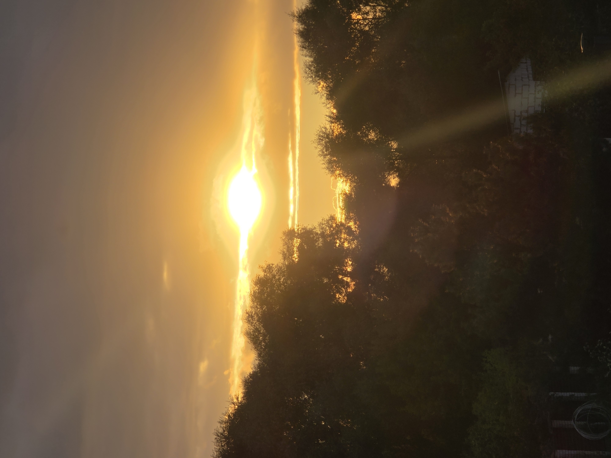 The image depicts a sunset over a silhouetted treeline. The sun, a bright, white orb, is partially obscured by a thin band of clouds, casting a golden-orange glow across the sky. Rays of light emanate from the sun, piercing through the foliage of the trees. In the lower right portion of the image, a small, white brick structure is visible, partially concealed by the trees and illuminated by a strong sunbeam. The foreground is dominated by the dark silhouettes of trees, with a hint of a fence and a circular object on the left side. The environment appears to be a rural or semi-rural area, possibly on the outskirts of the city of Rechytsy, Russia. No people are visible in the image.