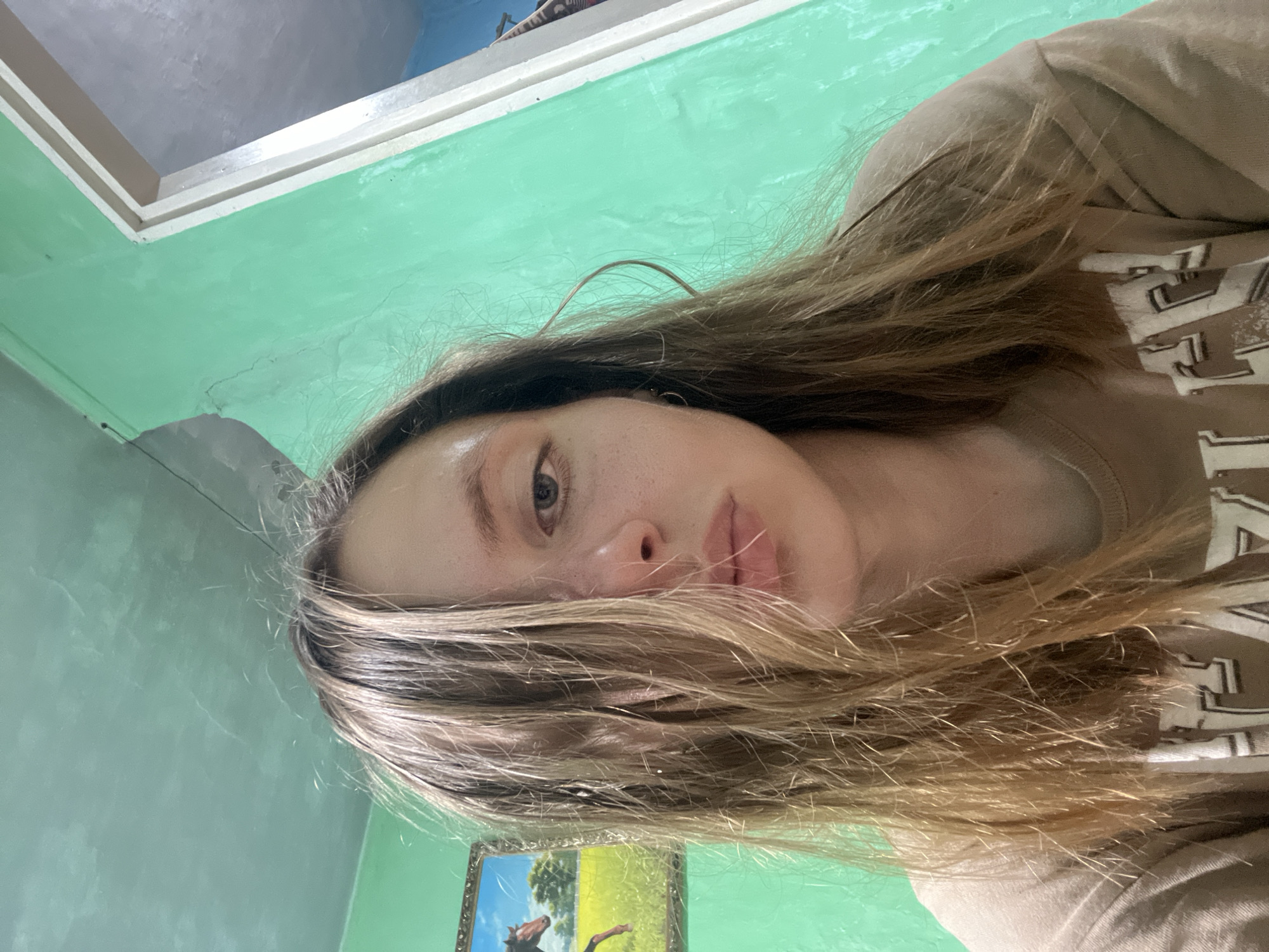 The image is a close-up, low-angle selfie of a young woman with long, blonde hair. Her face is partially obscured by her hair, but her eyes, nose, and lips are visible. She appears to be looking directly at the camera with a neutral expression. The background is a light green wall with some texture. Above the green wall is a white trim and a gray ceiling. There is also a small framed picture with a horse and a tree visible at the bottom of the image. The overall lighting suggests it is daytime. The subject is wearing a light brown sweatshirt with visible text, though it is partially obscured and difficult to read. The location context provided is Nizhny Tagil, Russia.