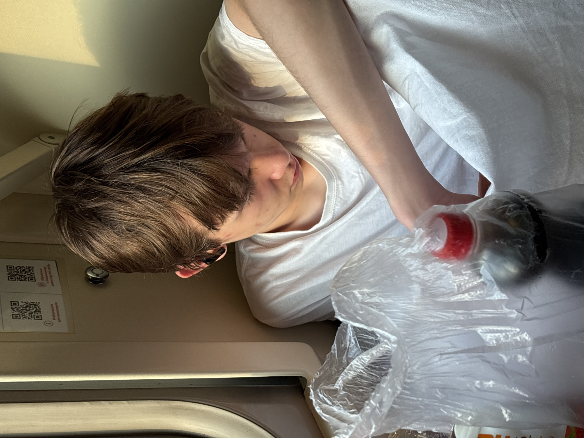 A young person with brown hair, wearing a white t-shirt, is seated on what appears to be a train compartment, indicated by the window and wall paneling. The person is looking down, with their right arm resting on their lap, partially covered by the t-shirt. In front of them is a clear plastic bag containing various items, including a dark-colored bottle with a red cap. Sunlight casts a warm glow on the person's head and shoulder, suggesting it is daytime. The environment is indoors, within a vehicle, likely a train, given the interior design. The specific location within Vyry, Russia, cannot be determined from the image alone.