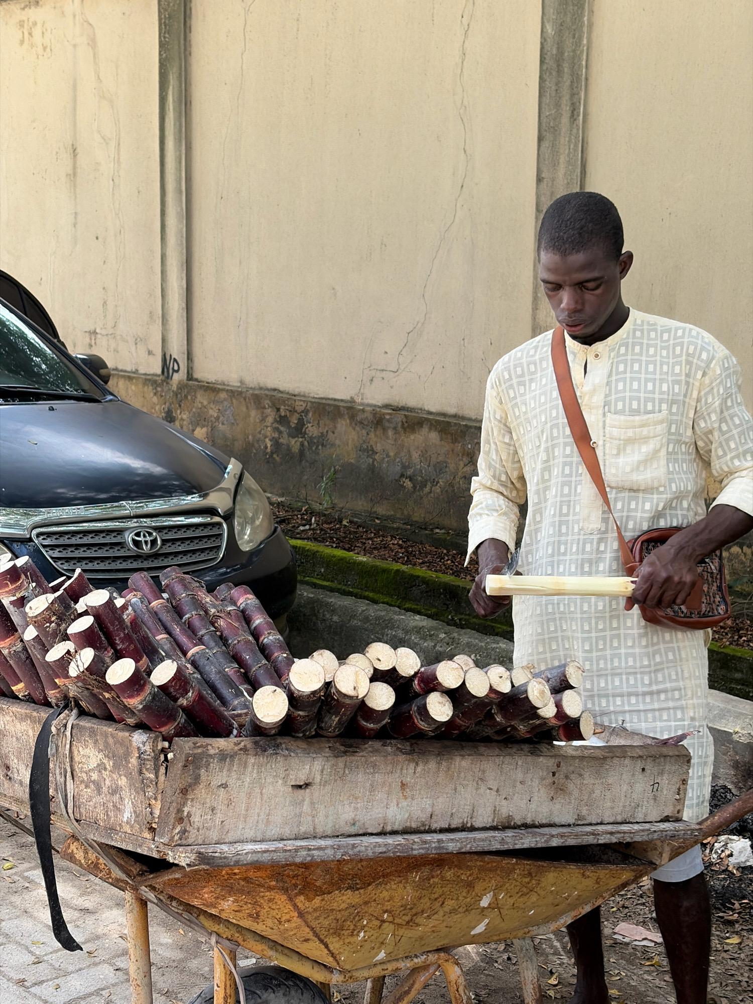 In Igboefon, Nigeria, a young man dressed in a light-colored, patterned tunic stands beside a cart filled with sugarcane stalks. The cart, a weathered wooden and metal structure, is laden with numerous cut pieces of sugarcane, some with their distinctive reddish-purple exterior and white interiors visible. The man is holding a piece of sugarcane in his hands, appearing to be in the process of preparing it, as he uses a tool, possibly a knife, to peel or cut it. A brown strap from a small bag crosses his chest. Behind him, a dark-colored car is parked, its front end visible. The background consists of a textured, light-colored wall with some vertical staining and graffiti, suggesting an urban or semi-urban setting. The ground is paved with cobblestones in the foreground, transitioning to dirt and mossy ground cover near the car.