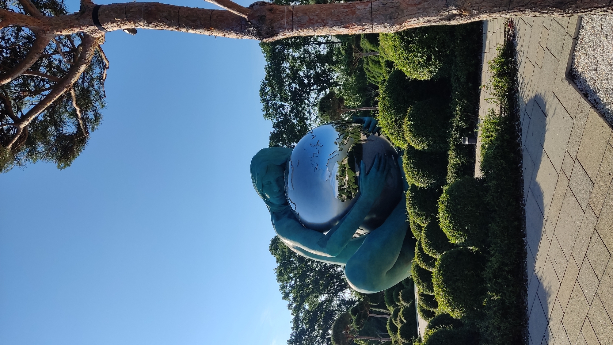 A statue of a teal-colored, serene female figure cradles a large, highly reflective silver sphere in the city of Krasnodar, Russia. The sphere appears to be a globe, with continents depicted on its surface. The statue is situated in a garden with meticulously trimmed, round green bushes and a paved walkway made of light-colored rectangular stones. In the background, a line of lush green trees borders the garden. To the right, the textured bark of a mature tree trunk is visible, with its branches extending upwards against a clear blue sky. The scene is illuminated by bright daylight, casting shadows from the bushes onto the walkway.