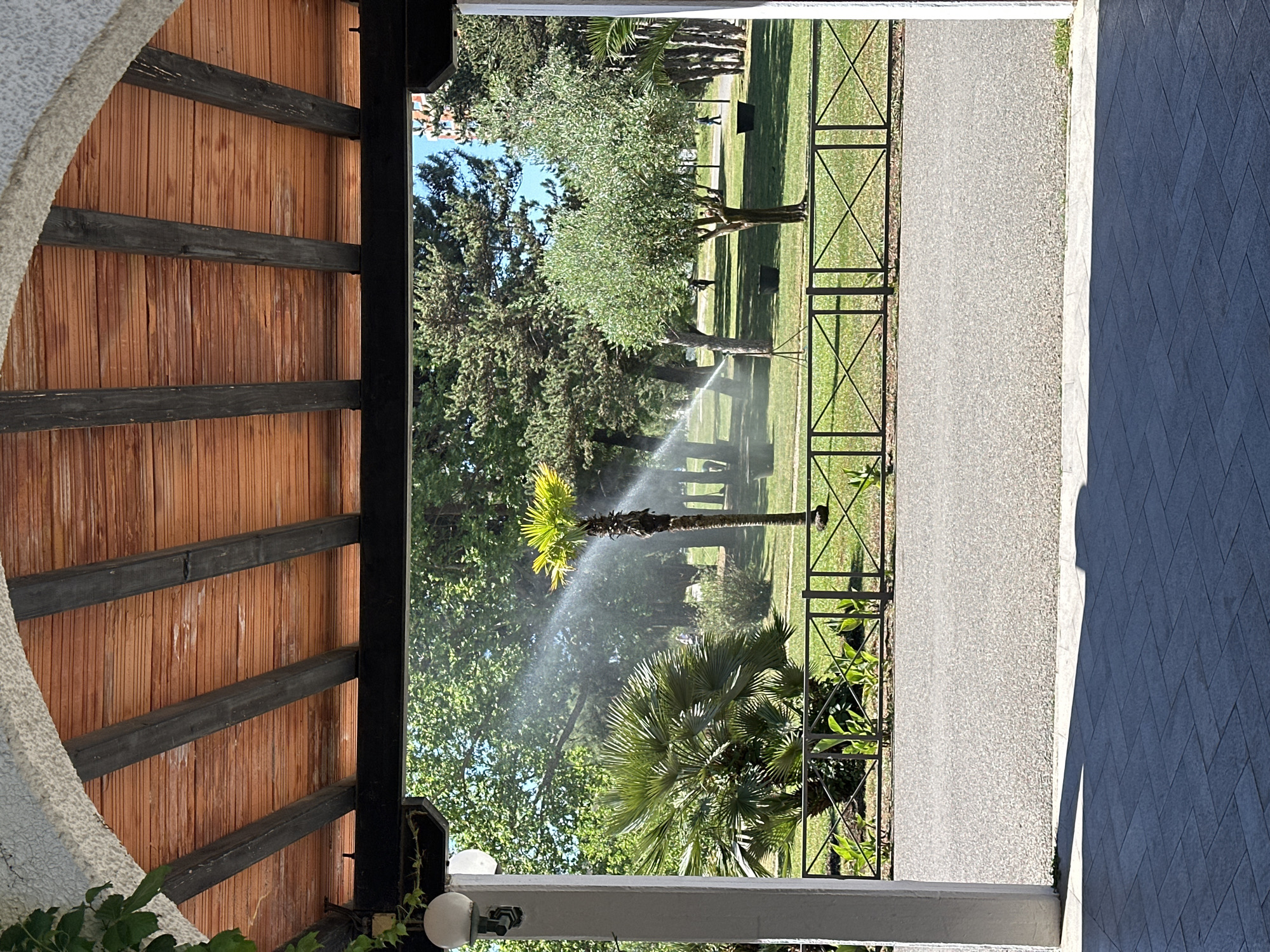 The image shows a view from a covered veranda or balcony. The veranda has a wooden roof with dark-stained beams and a stuccoed curved support. Looking out, there is a sprinkler watering a lawn and trees, including palm trees. A black metal fence runs alongside a gravel path, beyond which lies a tiled pavement. The scene suggests a garden or park setting. The location in the city of Budva, Montenegro is based on a process of elimination and identifying details that match the region's climate and environment.