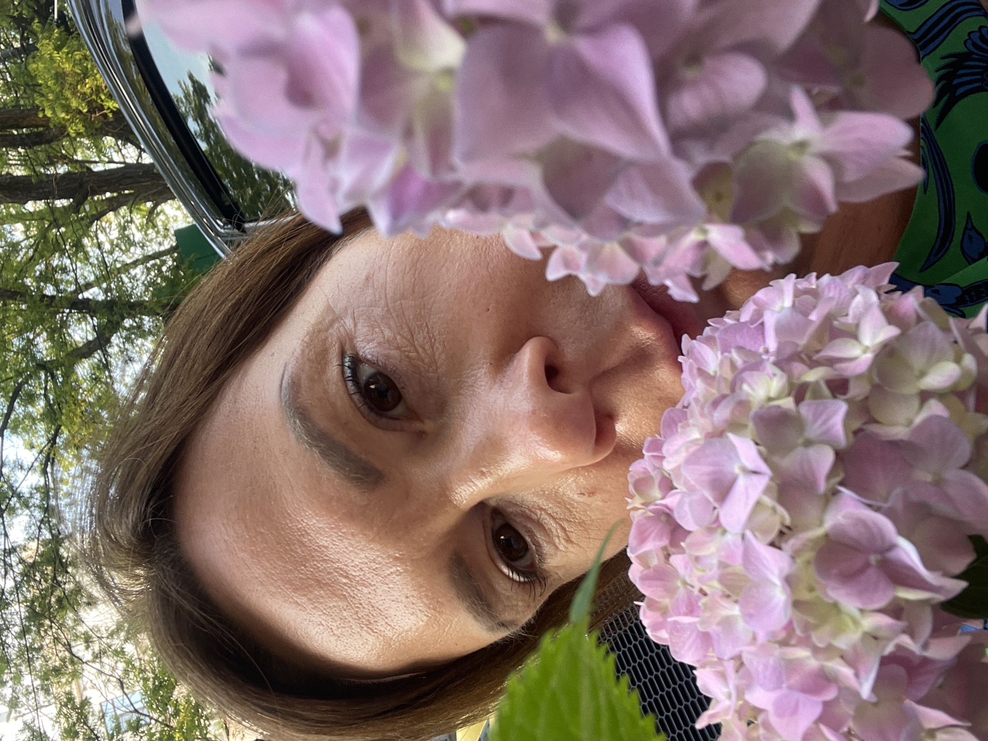 A woman with brown hair and brown eyes is leaning in towards the camera, her face partially obscured by pink hydrangeas. She is wearing a green dress with a blue and black pattern. The background shows trees with green leaves, suggesting an outdoor setting. The sunlight indicates it is daytime. The scene appears to be in an urban park or garden, possibly in Sochi, Russia, given the climate and common presence of hydrangeas in the region.
