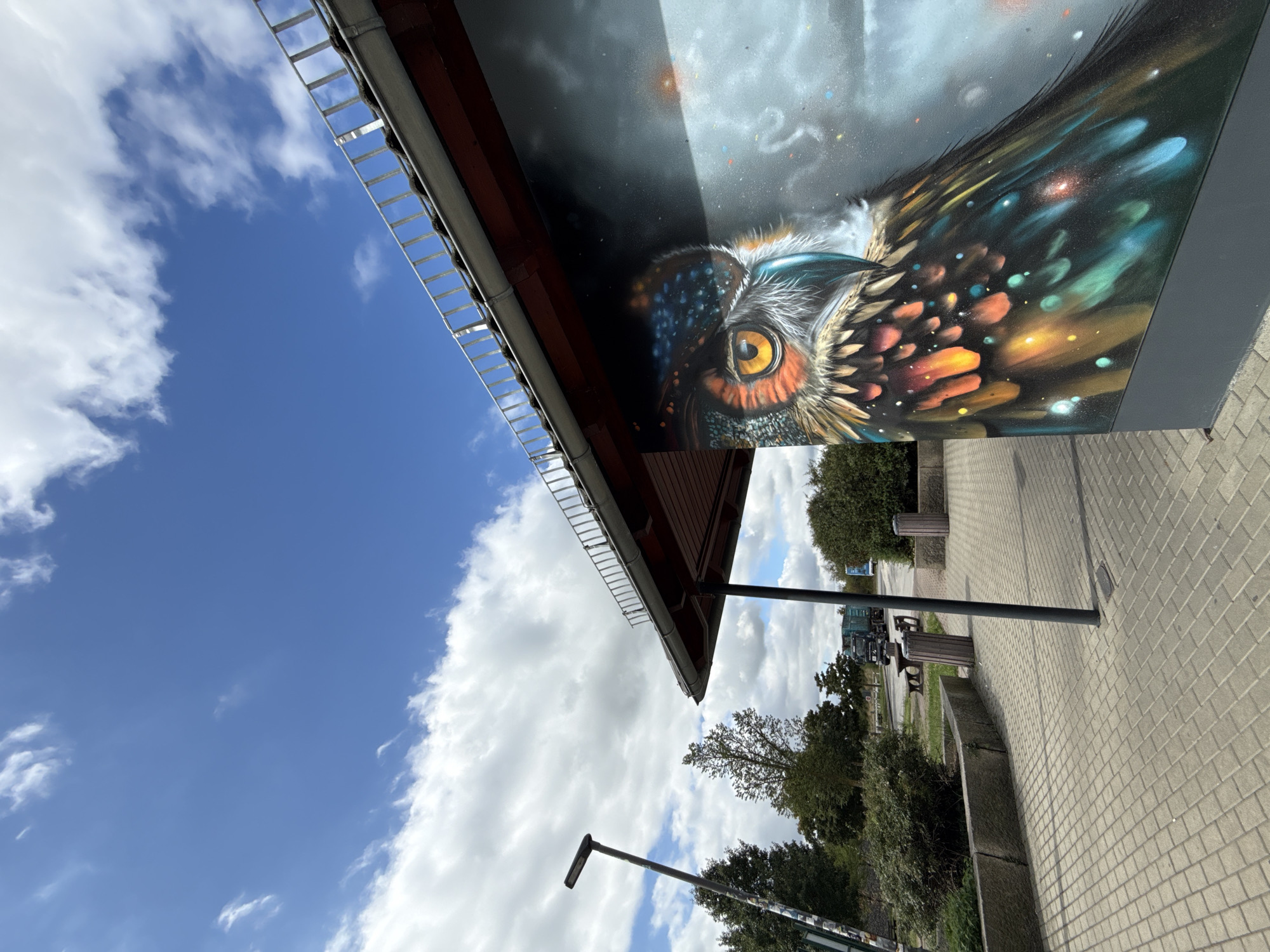 The image depicts a mural of an owl on the exterior wall of a building, likely part of a rest stop or service area. The owl's face, dominated by a large, bright orange eye, is rendered in detail, with feathers showcasing vibrant colors like red, orange, yellow, green, and blue, some appearing to shimmer like constellations. The background of the mural is a dark, smoky gray with scattered colorful specks.
The building features a sloping, dark-tiled roof with a metal railing along the edge. A dark support column stands near the mural. The ground in front of the building is paved with light-colored rectangular bricks, forming a walkway. To the left of the walkway, there is a low stone wall enclosing a landscaped area with bushes and trees. A tall lamppost with a bent arm is visible in the background, along with more trees and some bushes.
Beyond the paved area, a road is visible with a truck and what appears to be another vehicle. Two trash bins and a wooden bench are situated near the road, suggesting a public seating area. The sky is blue with fluffy white clouds. This scene is located in Großpösna, Germany.