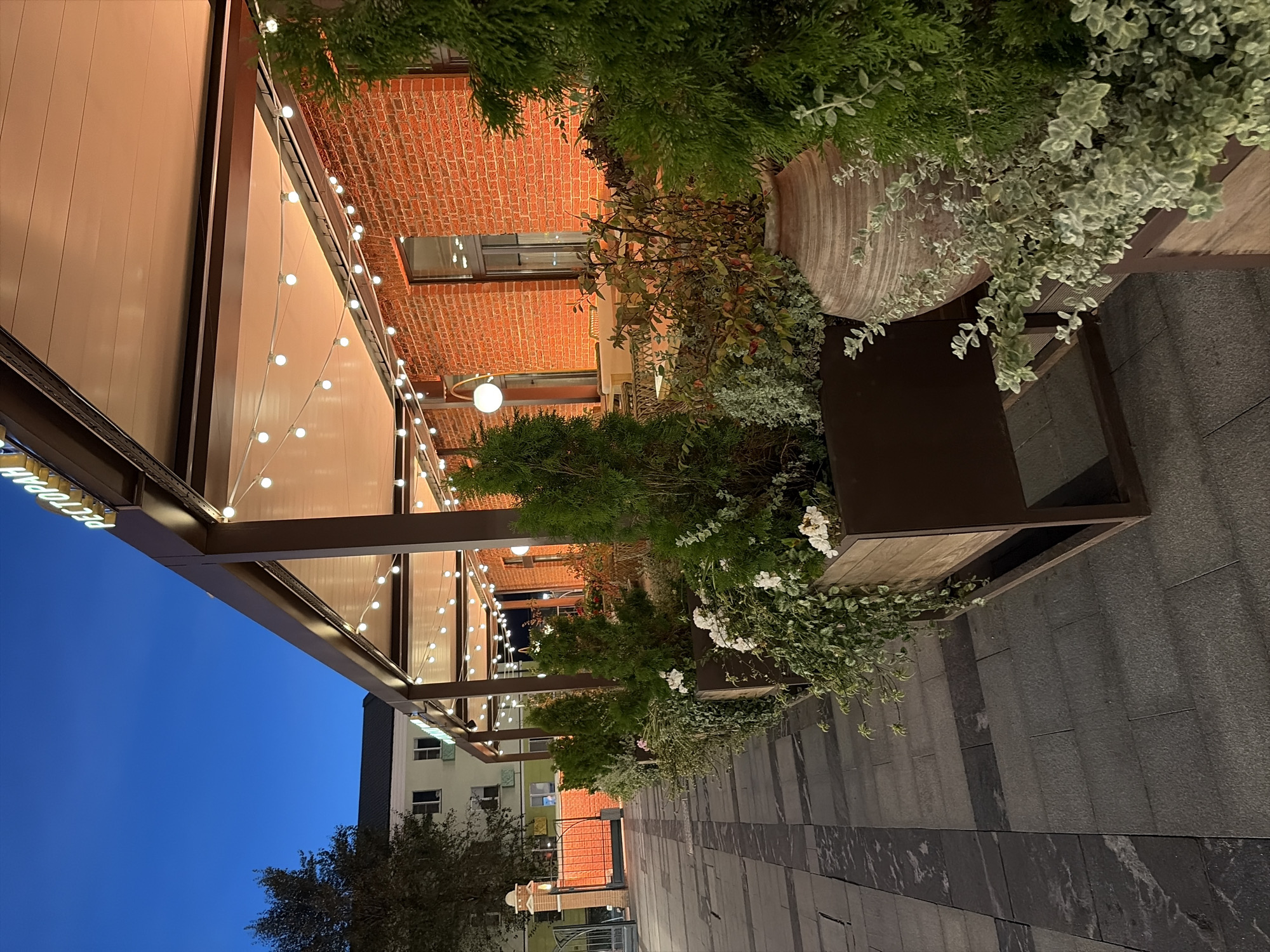 The image captures an outdoor seating area of a restaurant at dusk in Moscow, Russia. A brick building, likely the restaurant, is visible on the right, illuminated by warm orange light. Above the seating area, a retractable awning is extended, strung with decorative string lights. A sign reading "РЕСТОРАН" is mounted on the awning structure. The foreground features a paved walkway with a dark, patterned stone surface. Along the walkway, several large planters contain evergreen shrubs and flowering plants. One planter on the right prominently displays a large, beige ceramic vase. The sky above is a deep blue, indicating twilight. In the background, a multi-story building and a dark metal fence are partially visible. No people are present in the scene.