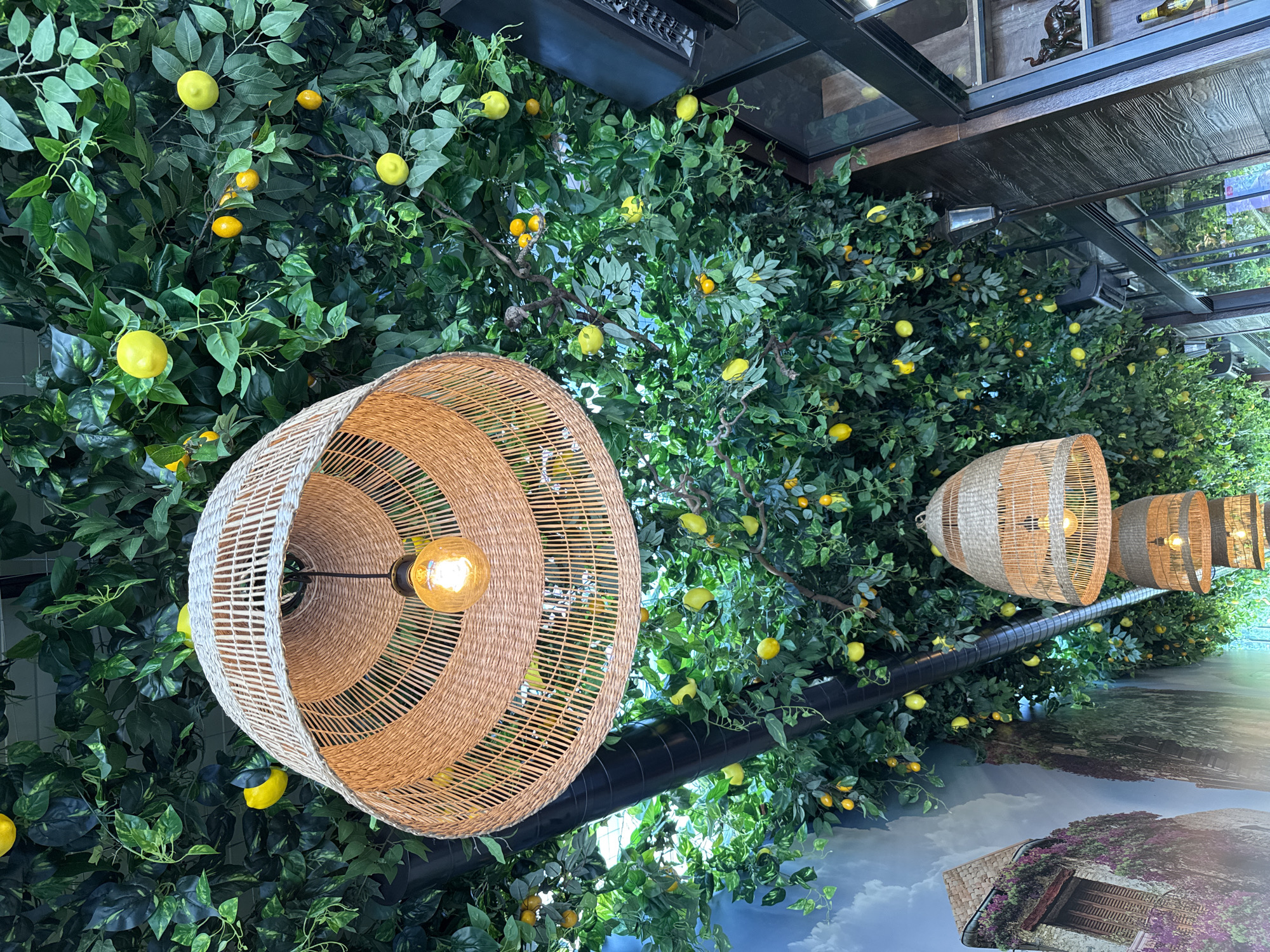 The image shows a restaurant interior, likely in Burgas, Bulgaria, given the location information. The ceiling is covered in artificial foliage with lemons, creating a lemon tree canopy effect. Two woven basket-like light fixtures hang amidst the foliage, illuminating the scene. The restaurant's décor is visible in the reflection on the right; it looks like a mural of a building with flowers. The composition is somewhat distorted as the photograph is taken from an odd angle. The lighting is a combination of natural light and warm light from the bulbs of the light fixtures.