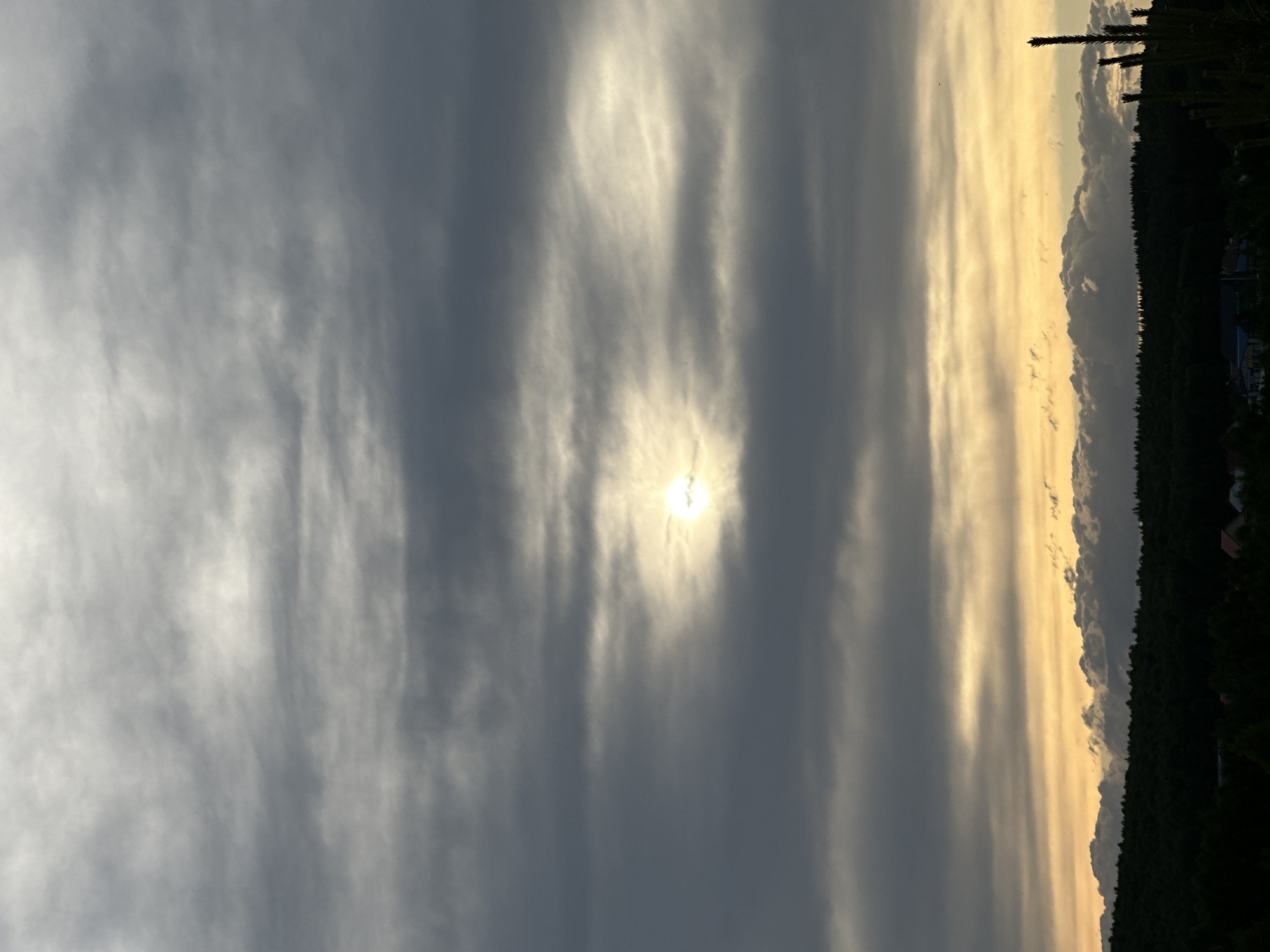The image depicts a daytime sky. The sun is visible through a break in the clouds, appearing as a bright, yellowish-white disc. The clouds are predominantly gray with some streaks of lighter color, possibly due to sunlight. A strip of land or forest can be seen along the right edge of the image, appearing dark in contrast to the sky. The image is taken in Unknown, Unknown.