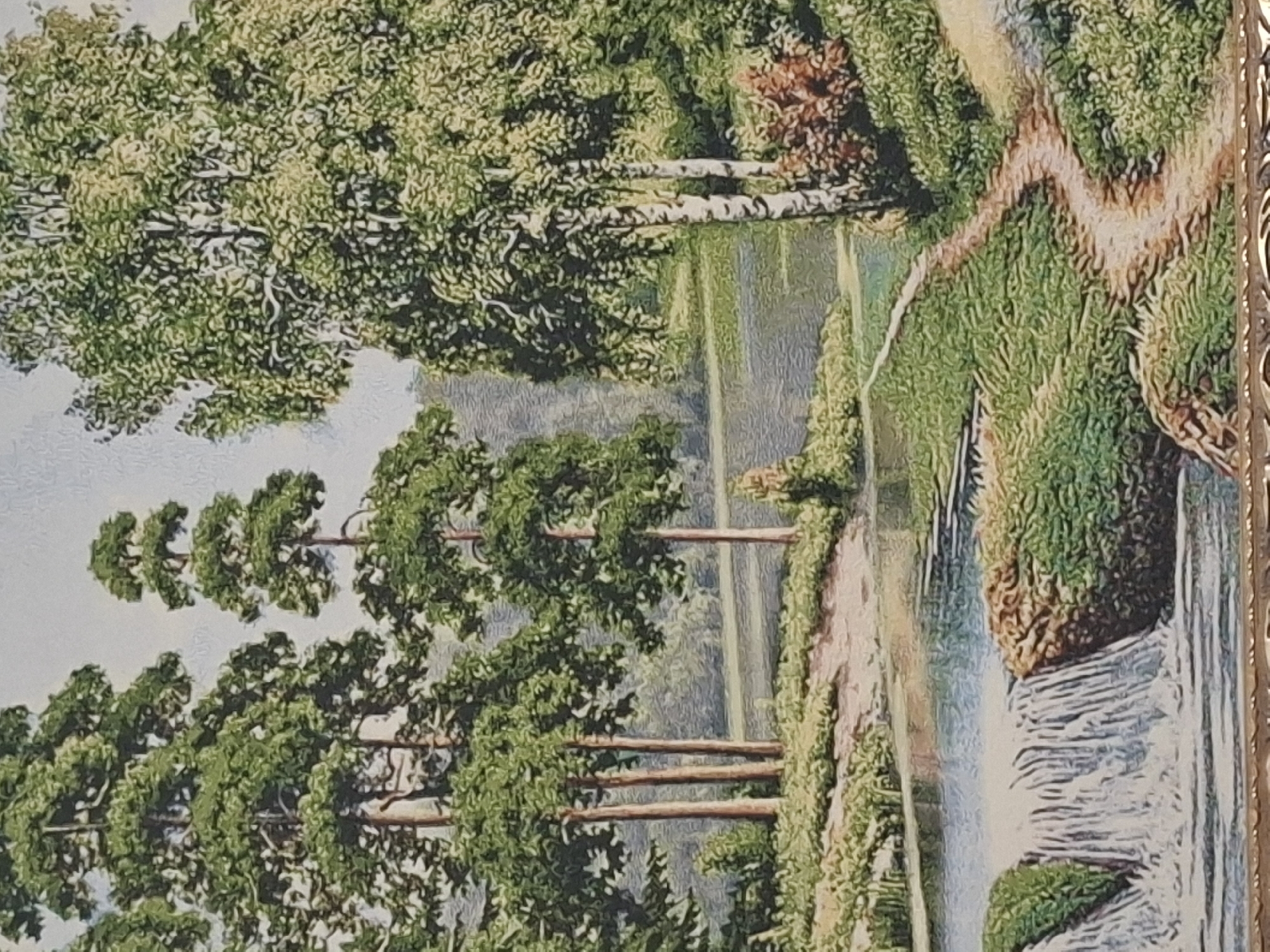 This is a painting of a natural landscape featuring a waterfall and trees. A path winds through the grassy terrain, leading towards a body of water. The scene is serene and depicts a lush, green environment. There are no people or any identifiable structures present in the image. The painting appears to be a work of art, not a photograph of a specific location. Therefore, it is not possible to determine its location in the city of Almaty, Kazakhstan, or any other geographical area.
