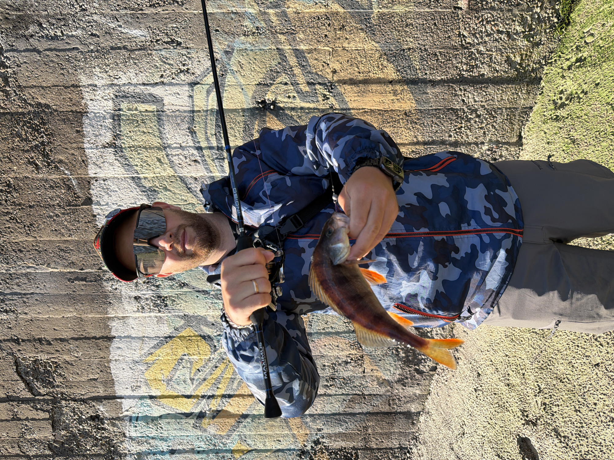 A man wearing a camouflage jacket, pants, hat and sunglasses is holding a yellow perch while also holding a fishing rod. He is standing in front of a concrete retaining wall with graffiti in the city of Chaikovsky, Russia.