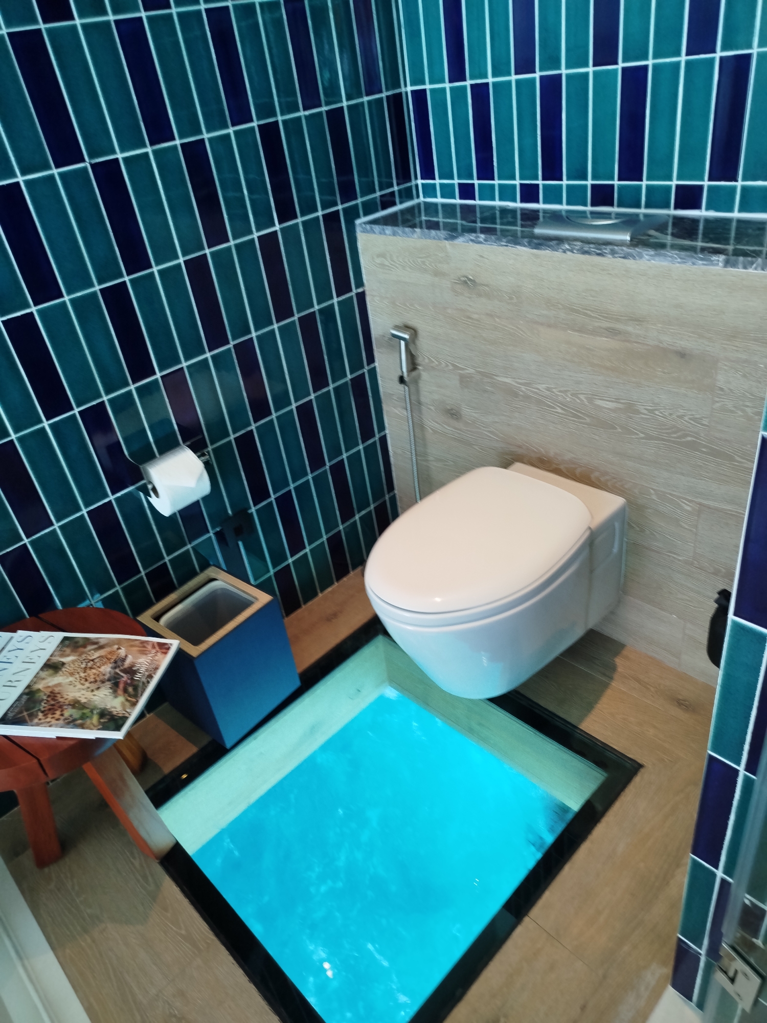 This image captures a modern bathroom in Kendhoo, Maldives, featuring a unique glass floor revealing a vibrant blue water feature below. The walls are adorned with a striking mosaic of dark blue and teal rectangular tiles. A white wall-mounted toilet with a bidet spray attachment is positioned against a backdrop of light wood-paneled walls. To the left of the toilet, a roll of toilet paper is mounted on the tiled wall, next to a blue waste bin. A small wooden stool with a book on it sits in the foreground, partially over the glass floor. The overall scene is clean and contemporary, with a playful and luxurious element introduced by the transparent floor.