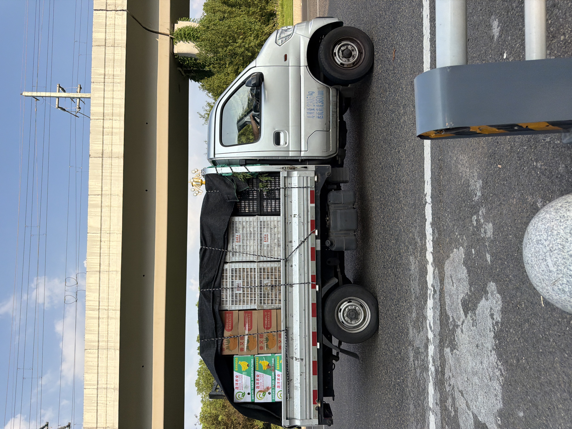 A silver light truck is parked on a road in the city of Jiangjin, China, under an elevated road or overpass. The truck bed is loaded with boxes of bananas and white plastic crates, covered with a black tarp. Some of the boxes have Chinese writing and images of bananas. The truck has Chinese text on its side, indicating its weight and height. Trees and vegetation are visible behind the truck, and power lines are strung above the elevated structure. The sky is partly cloudy. A guardrail and a large spherical object are in the foreground.