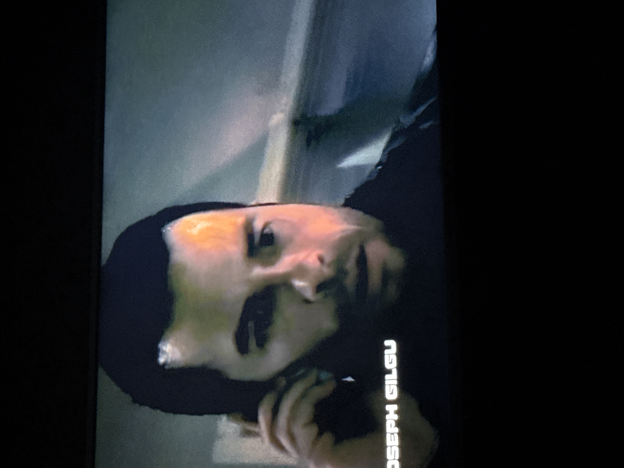 A medium close-up of actor Joseph Gilgun is shown in a scene with white lettering of his name along the right side. He appears to be talking on a phone, based on the way his right hand and fingers are positioned on the left side of his face. The background is out of focus, but has a white or light gray wall with what appears to be a doorframe. Due to the fact that there is no identifying information in the image, the location in Mytishchi, Russia is unknown.