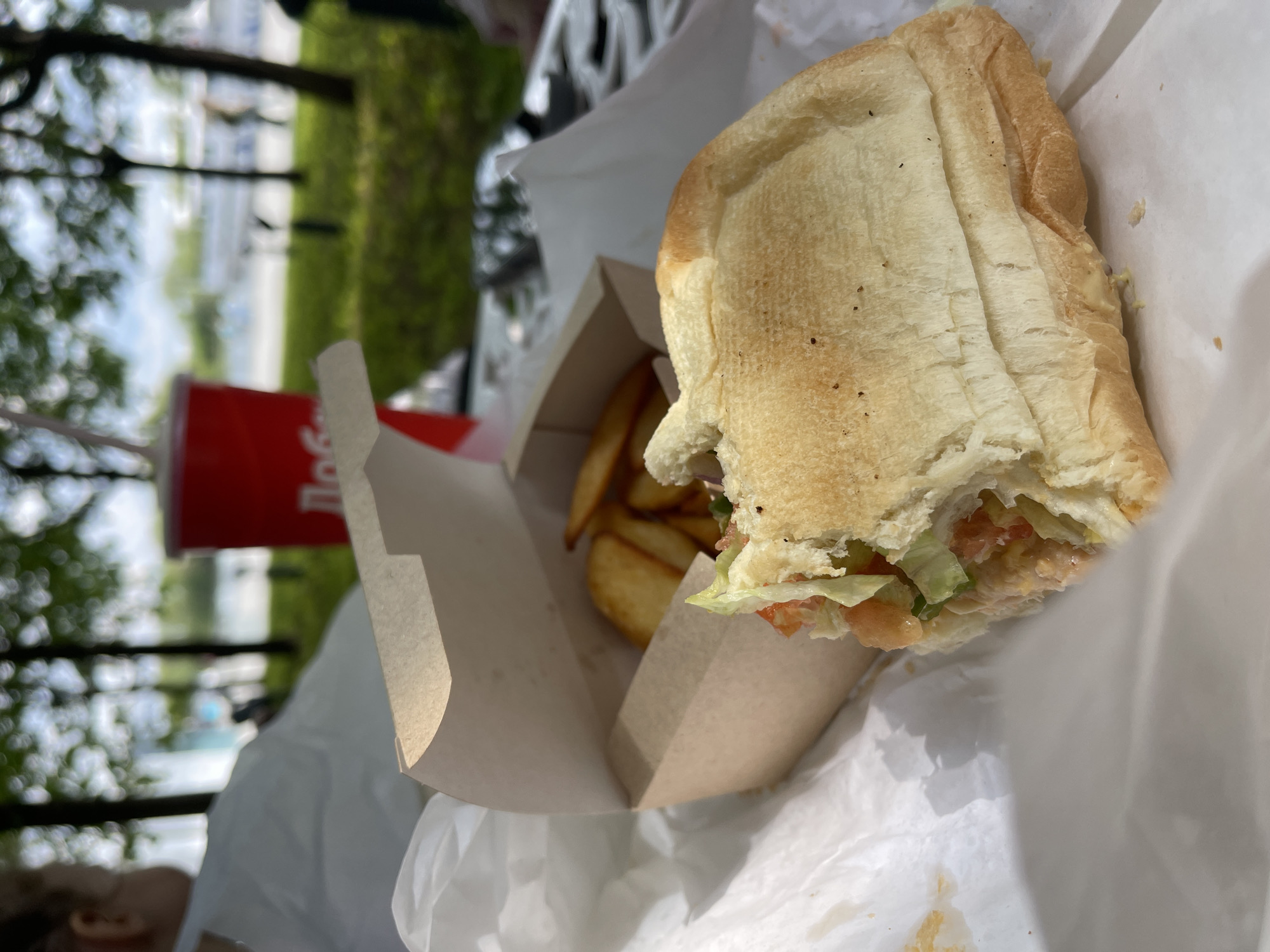 A partially eaten sandwich rests in an open cardboard container, alongside wedge fries. A red beverage container is visible in the background. The setting appears to be outdoors. The red beverage container has Russian text on it, suggesting it is in Moscow, Russia.