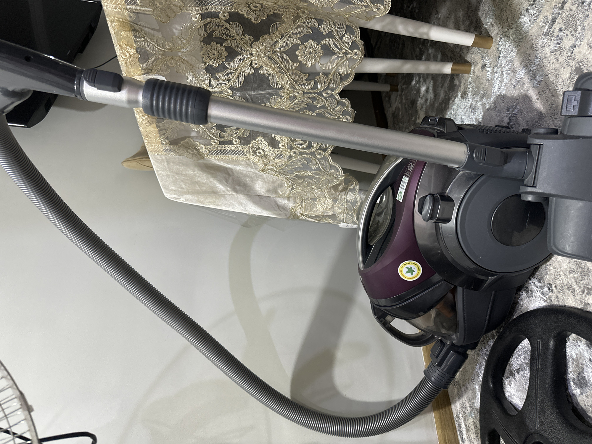 An upright vacuum cleaner is positioned on a textured gray rug in an indoor setting. The vacuum features a dark purple main body with a clear canister and a silver handle. A flexible gray hose extends from the vacuum body. To the left of the vacuum, a black, circular weight plate is visible on the rug. In the background, a table covered with a light-colored, intricately patterned cloth is partially visible. The environment appears to be a domestic interior. No specific geographical markers for Tashkent, Uzbekistan, are present in the image.