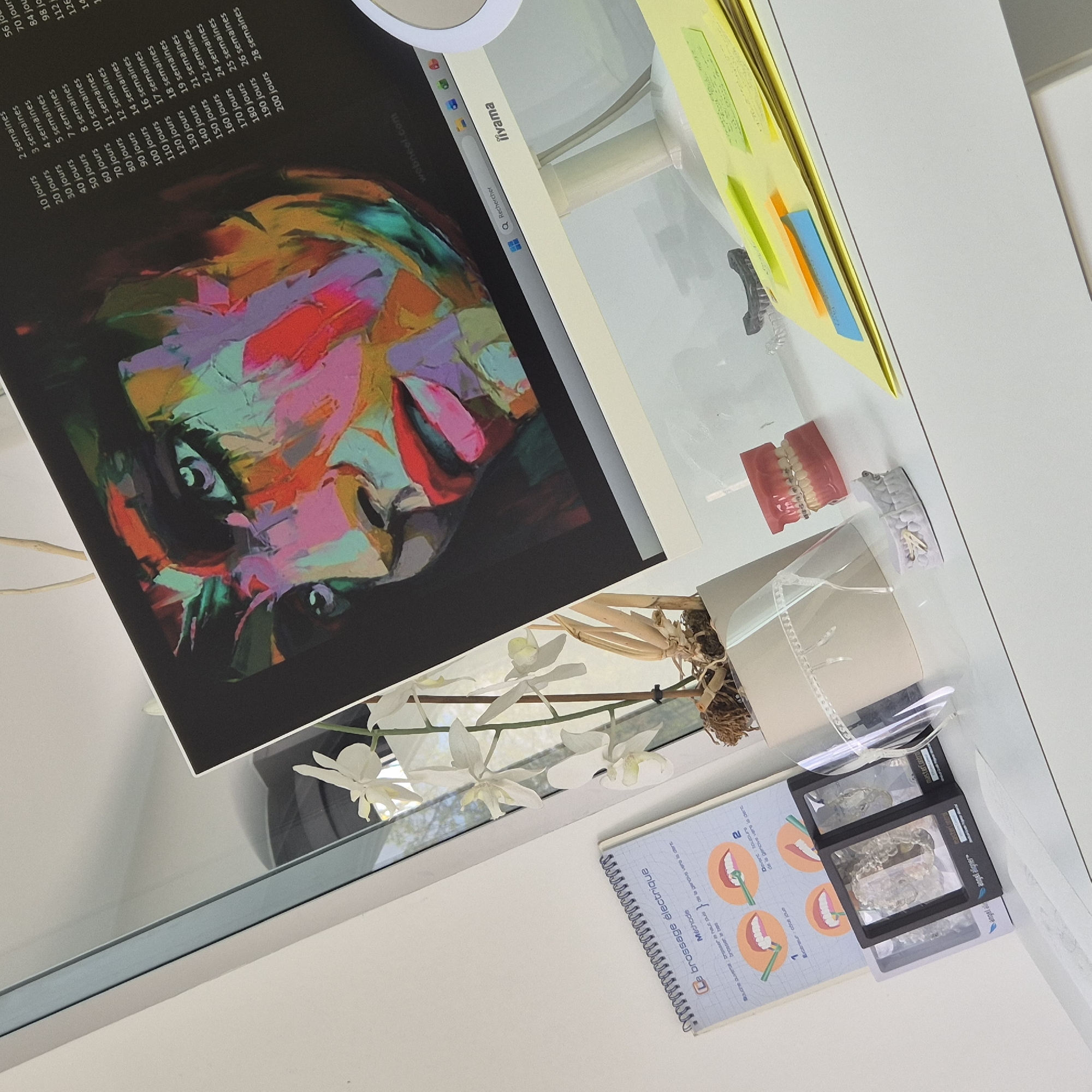 The image shows a desk with various items, including a monitor displaying an abstract painting, a small potted orchid, a notebook with dental instructions, and a clear case containing aligners. There is also a dental model and a yellow folder with sticky notes. The monitor displays the word "Iiyama," a search bar, and a website address "webneel.com." The notebook contains text in French about electric tooth brushing methods. The aligner case bears the name "angel aligner." A page on the monitor shows various time periods in days and weeks. The desk is white and appears to be in a well-lit room. There is no indication of the location being in Strasbourg, France.