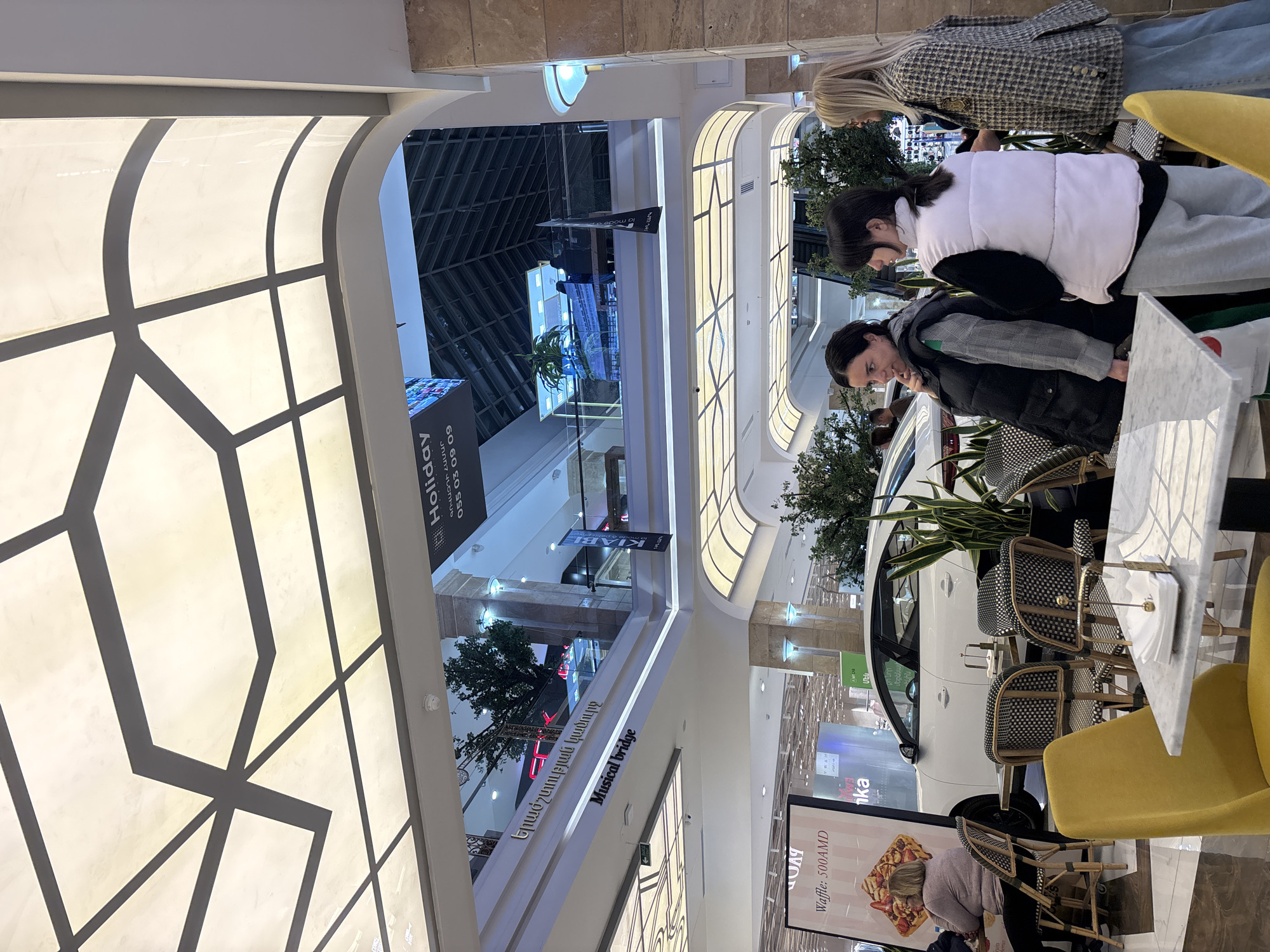 This appears to be a photograph taken inside a shopping mall in Yerevan, Armenia. The image features a view of the interior architecture, showcasing elements like decorative ceilings, supporting columns, and signage. The mall’s design includes multiple levels, visible through the open spaces.
Several people are present, seemingly engaged in casual activities within the mall, such as window shopping or dining at a cafe. The presence of tables and chairs suggests a dining area, and a display featuring a car is also visible. Signage includes words written in Armenian as well as advertisements for local businesses and phone numbers, indicating the location.