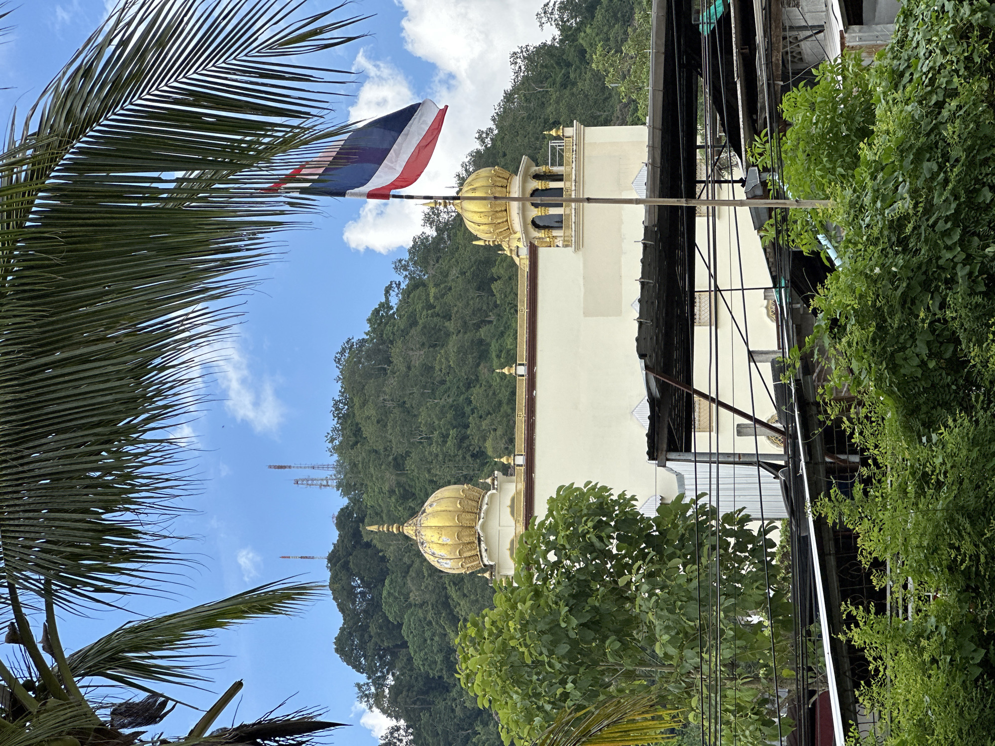 In an outdoor scene, a cream-colored building with gold domes and decorative elements stands against a backdrop of a lush, green hillside dotted with communication towers. In the foreground, palm fronds obscure the top portion of the image, and a Thai flag waves from a pole in front of the building. The building appears to be a place of worship or a significant cultural structure. The environment suggests a tropical or subtropical climate, with dense vegetation covering the hill. The foreground also shows some commercial or residential structures with corrugated roofs and visible electrical wiring. The sky is partly cloudy with a bright blue expanse.