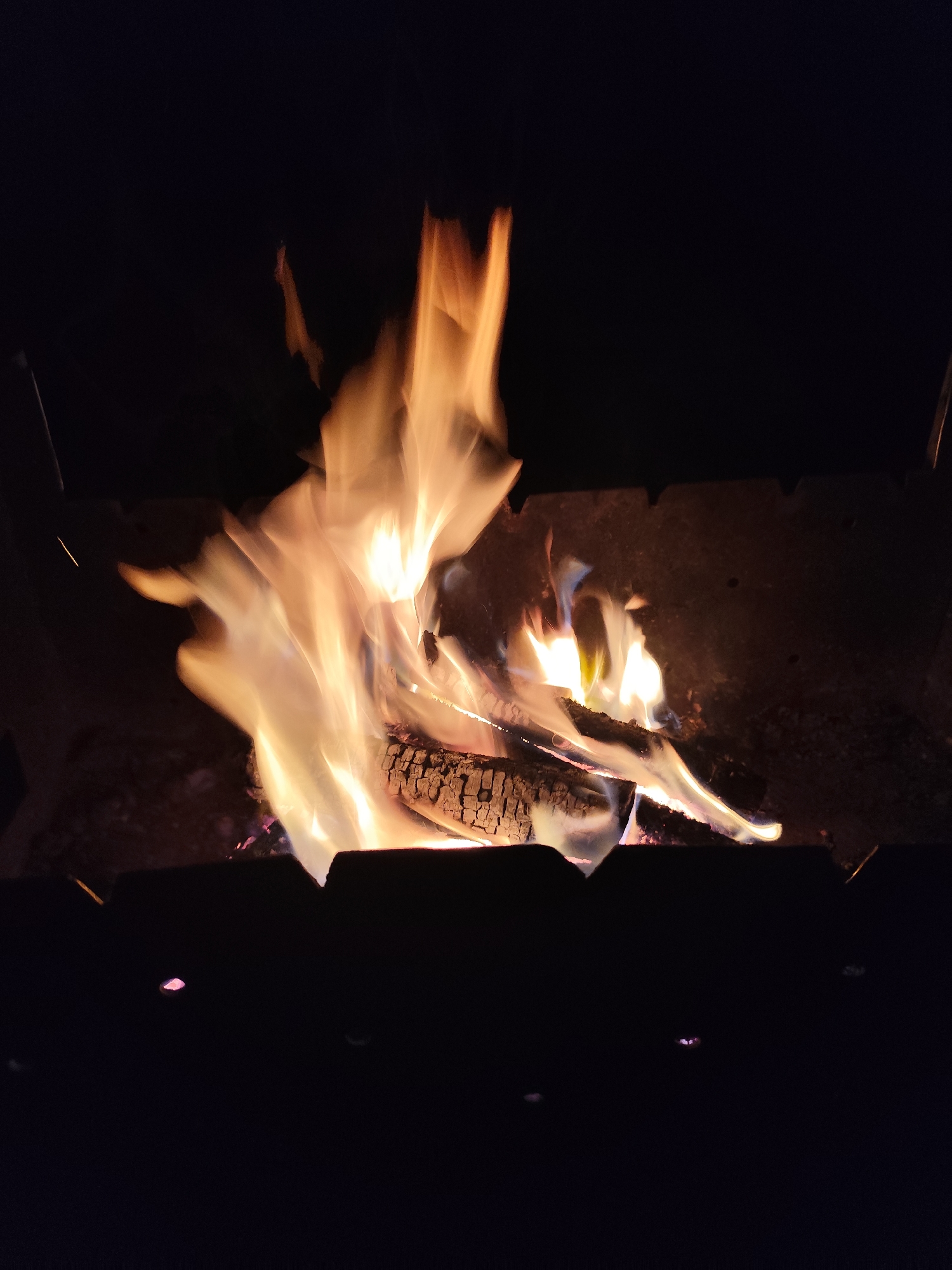 The image depicts a close-up, low-angle view of a campfire burning in a metal brazier at night. The flames are vibrant orange and yellow, licking upwards and illuminating the dark, textured wood logs within the brazier. The background is entirely black, suggesting a dark, outdoor environment. Some faint pinkish-purple embers are visible at the bottom of the brazier, and a small, possibly reflective object or spark can be seen in the lower left portion of the frame. The overall impression is one of warmth and intensity emanating from the fire. The specific location in Kolpakovo, Russia, is not visually discernible from the image itself.