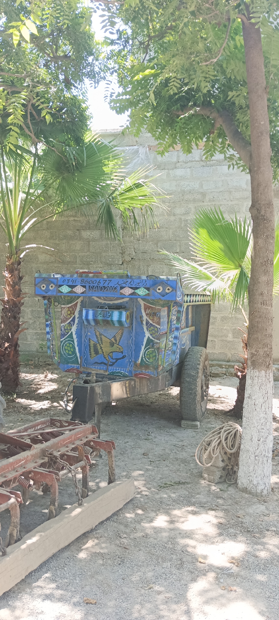 The scene depicts an outdoor setting in Alam Khan Kalay, Pakistan, featuring a vibrantly painted blue vehicle trailer adorned with decorative patterns and an eagle emblem, placed under the partial shade of leafy trees and palm trees. The backdrop consists of a plain gray brick wall, indicating a boundary or structure in the vicinity. The vehicle is surrounded by agricultural implements, including a reddish-brown tiller. A coil of rope lies near the base of a tree. The ground is light-colored dirt. The scene suggests a rural or agricultural context in the city. There are no visible people.
