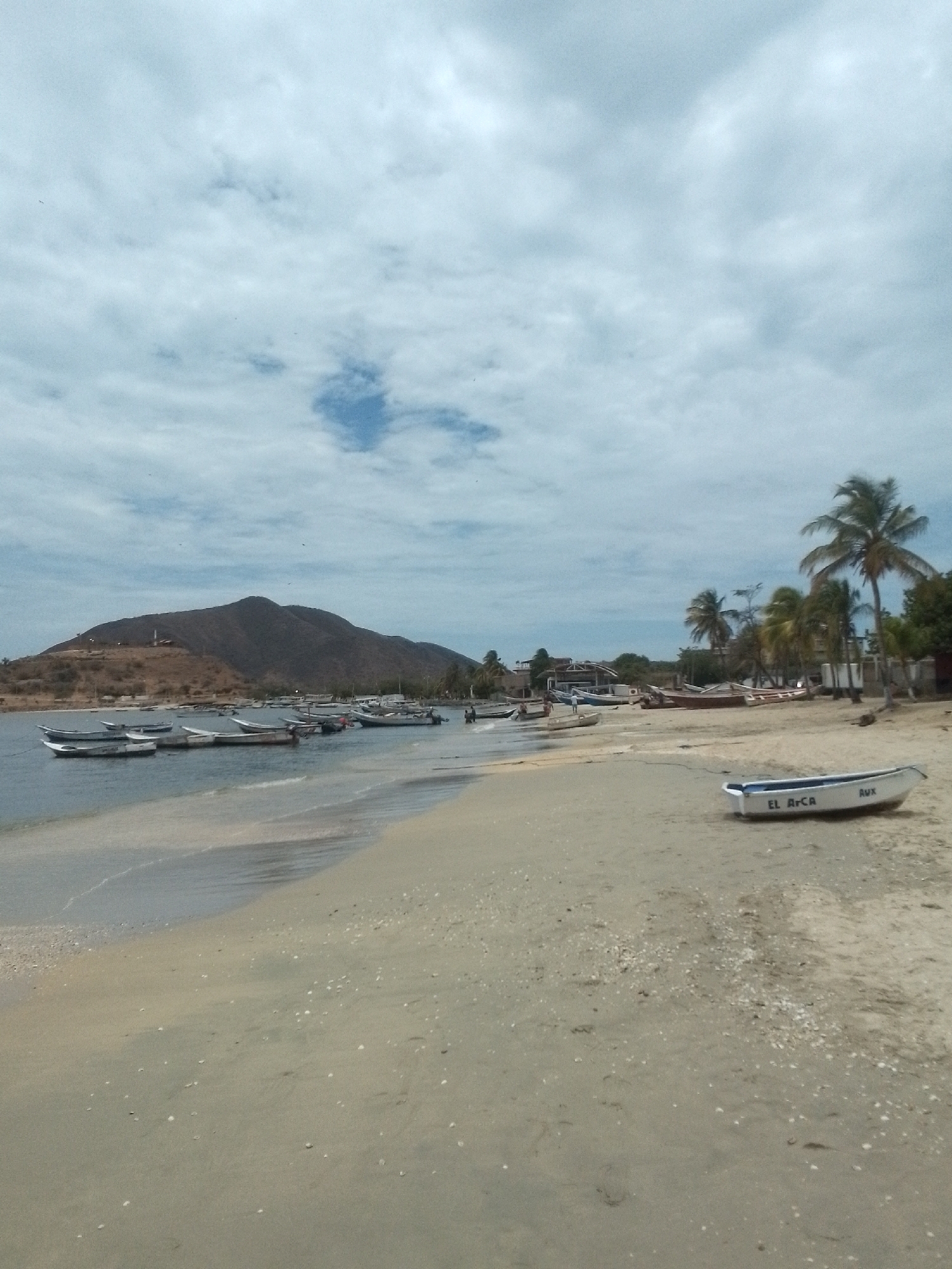This image shows a coastal scene at a beach in Juan Griego, Venezuela. The sandy beach slopes down to the water's edge. Several small boats are moored in the calm water, and one white boat labeled "EL ARCA AUX" is beached in the sand on the right side of the frame. Behind the boats, a dark, prominent hill rises in the distance. Palm trees and other foliage are visible along the shoreline. The sky is overcast with mostly gray clouds with some hints of blue.