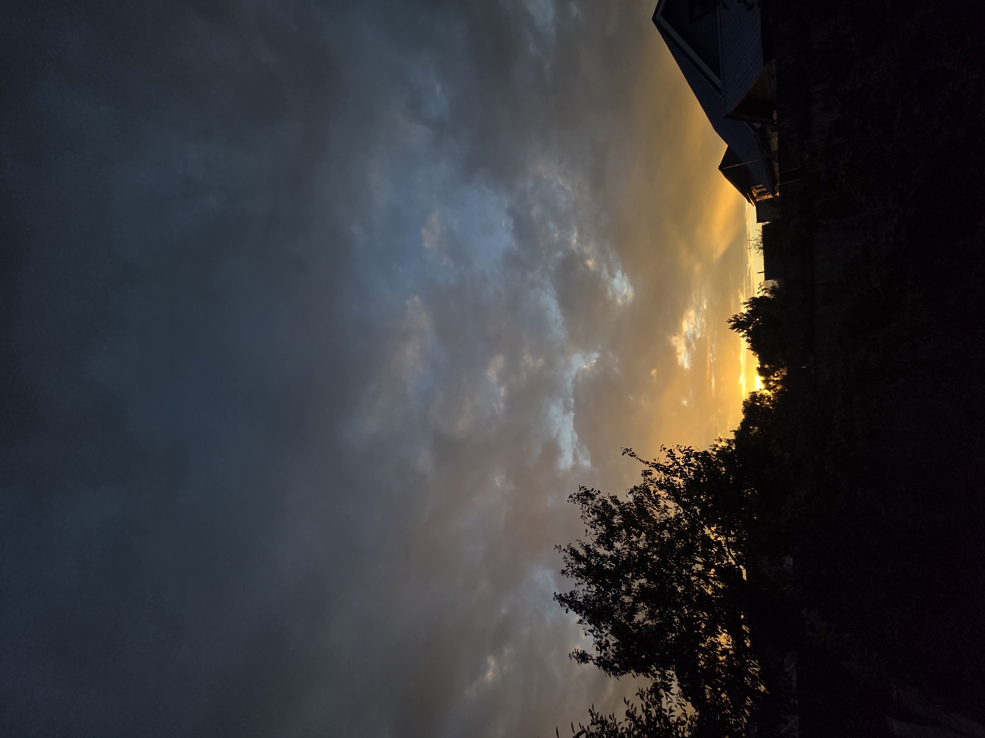 The image shows a dark, silhouetted landscape at dusk, with a dramatic sky. The upper portion of the sky is filled with dark, heavy clouds, tinged with shades of gray and deep blue. Lower down, the clouds break to reveal a bright, golden-orange sunset, with rays of light piercing through. In the foreground, the dark silhouettes of trees with dense foliage are visible on the left side, with the tops of houses and a fence line appearing on the right. The overall atmosphere is somber, with a hint of warmth from the fading sun. The location is specified as Речицы, Russia.