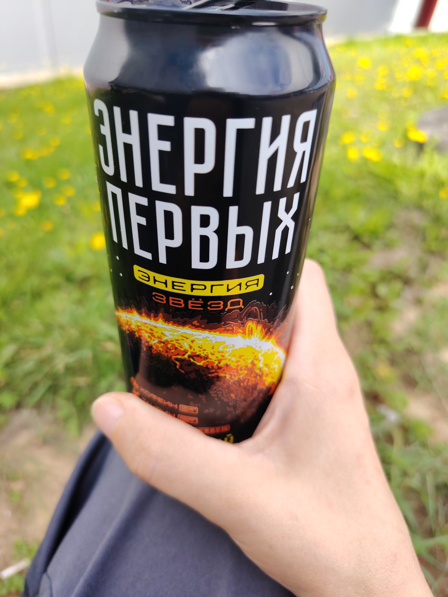 A person's hand holds a black energy drink can with white text. The text on the can reads "ЭНЕРГИЯ ПЕРВЫХ" and "ЭНЕРГИЯ ЗВЁЗД". The can has an image of a fiery explosion on it. The background is blurry green grass with yellow wildflowers. The scene appears to be outdoors, likely in a park or field. The provided coordinates place this scene in the vicinity of the village of Khorugvino, Russia.