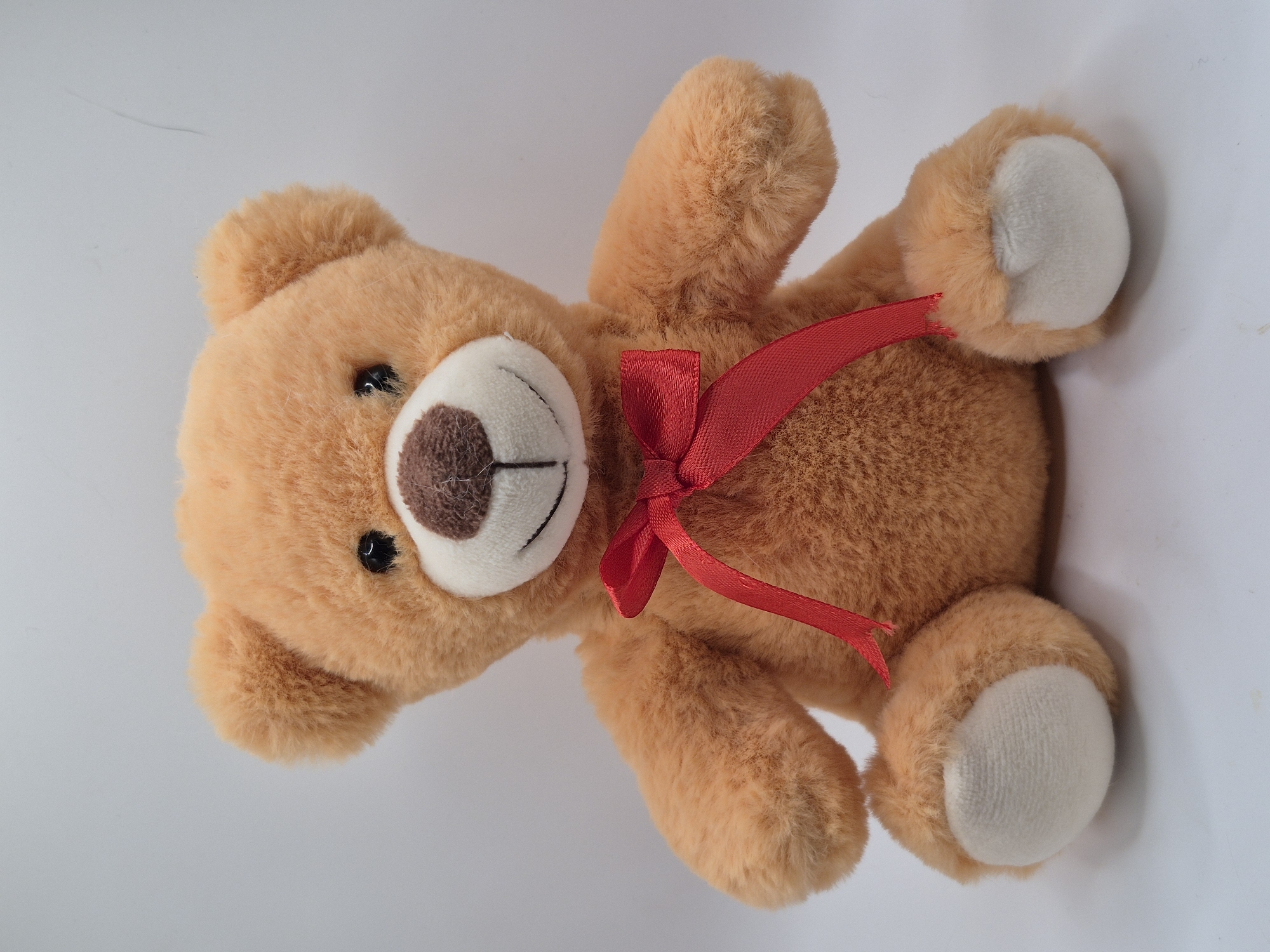A light brown teddy bear sits centered against a plain white background. The bear has a red ribbon tied in a bow around its neck. Its eyes are black, and its nose is brown with a white muzzle. Its paws and feet are a lighter color. The lighting is even, and there are no shadows visible. The image does not depict any recognizable elements of Schwäbisch Gmünd, Germany.