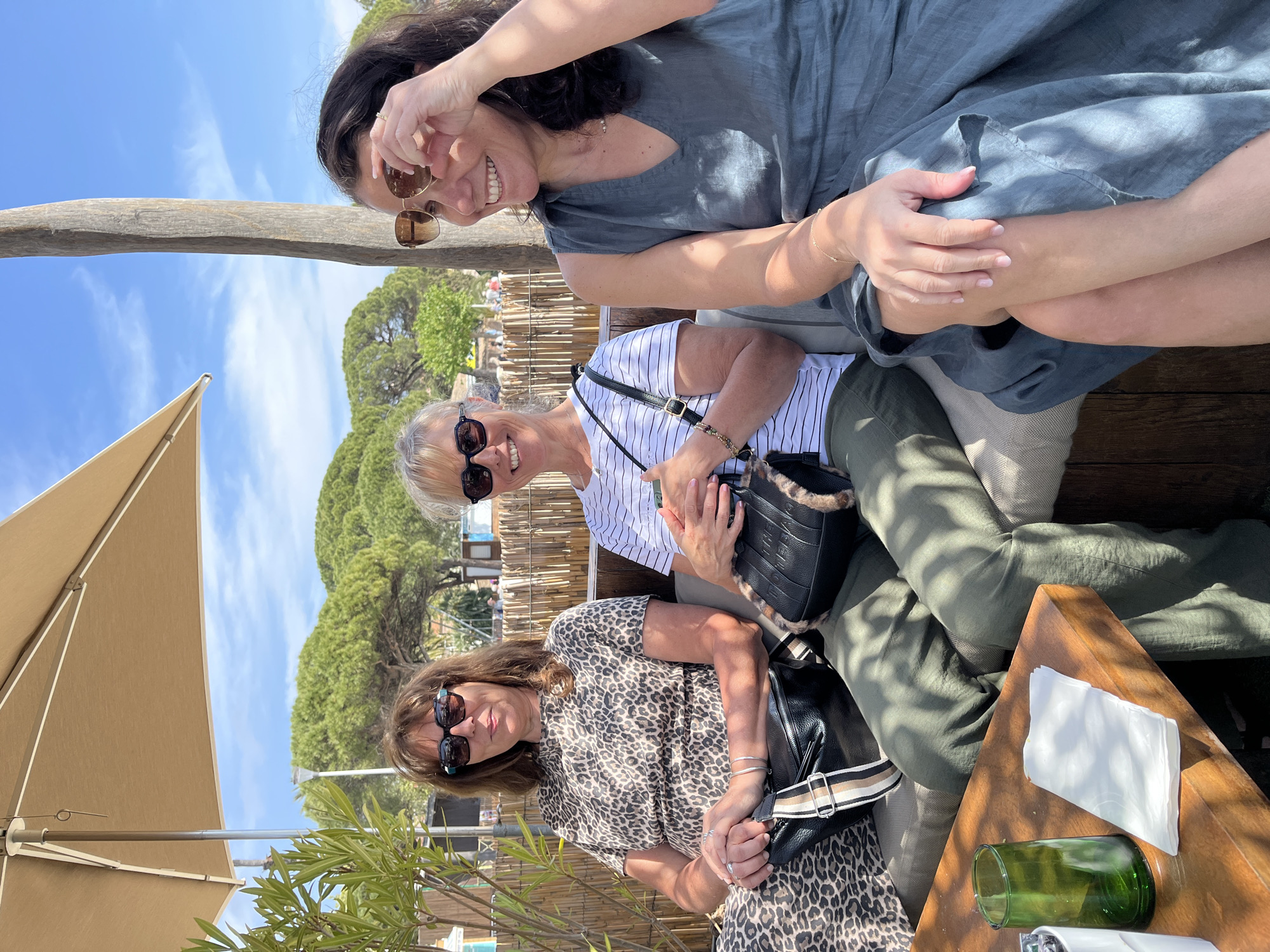 Three women are seated together at an outdoor table under a sunshade in Sainte-Maxime, France. The woman at the top is wearing a light blue dress and sunglasses. The middle woman is wearing a striped shirt, green pants, and sunglasses and holding a black purse. The woman at the bottom is wearing a leopard-print dress, sunglasses, and a black purse. The table also has a green glass, a white napkin, and other items on it. Behind them is a wooded area. The sky is blue.