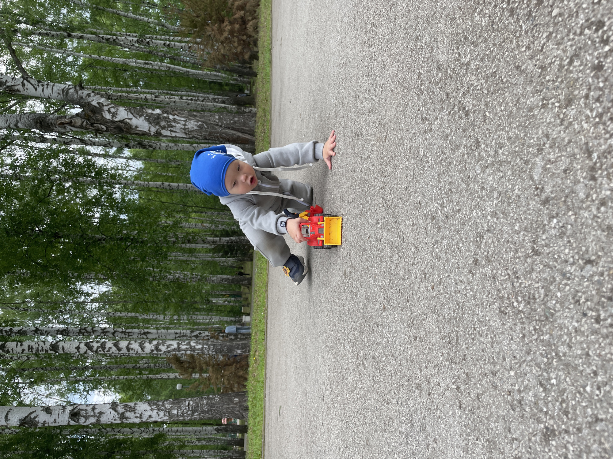 A young child, appearing to be a toddler, is captured crouching on a grey asphalt path in an outdoor setting. The child wears a blue knitted beanie with a white emblem and a grey hooded tracksuit. Their attention is on a brightly colored red and yellow toy truck or digger held in their hands. One hand is placed on the paved ground for stability.
The background is filled with numerous tall birch trees featuring distinctive white and black bark patterns and lush green foliage, suggesting a park or a forest edge. The path stretches into the distance, bordered by this natural backdrop. The overall lighting indicates daytime, likely with an overcast sky, as the light is soft and even without harsh shadows.
Visible details include a small label or print on the child's left sleeve that reads "GEARS KIDS." The child's expression suggests engagement and curiosity. The presence of birch trees and the overall environment are consistent with a park in Perm, Russia, providing a calm and natural play space for the child.