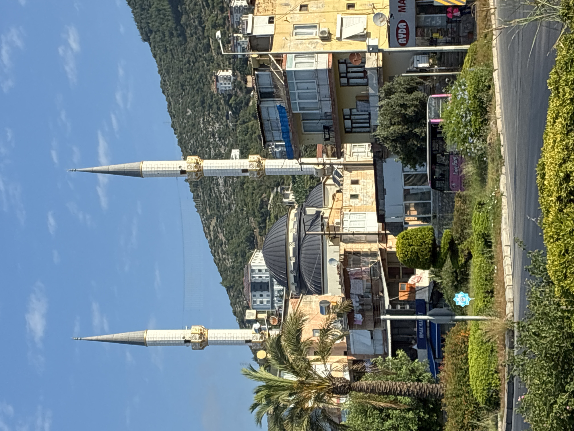 The image depicts an outdoor scene in Alanya, Turkey, featuring a mosque with two prominent minarets and a dome. The mosque is situated in an urban environment with buildings of varying architectural styles and colors, including a yellow building with multiple windows and balconies. A lush green hillside, covered with trees, forms the backdrop to the mosque. The sky is clear and blue with scattered white clouds, suggesting it is daytime, likely late morning or early afternoon.
In the foreground, a palm tree stands, indicating a warm climate. To the right of the mosque, a paved road is visible with a sidewalk lined with greenery, including bushes and trees. A pink bus is parked near the sidewalk, and a street lamp is positioned near the buildings.
There is some visible text in the image. On the yellow building, the word "AYDA" is visible on a sign. Another sign appears to have the text "Limon Park" on the pink bus. A blue sign further down the road has some unreadable text. The overall atmosphere is one of a sunny day in a lively town, with religious and commercial elements coexisting.