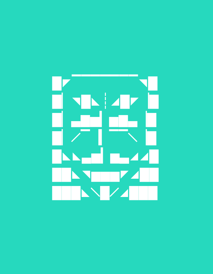 The image displays a geometric abstract design composed of white lines and shapes against a vibrant teal background. The design is symmetrical and resembles a stylized face or a windowpane. There are no elements that suggest a location in Jenu, Indonesia, or any specific city. The image is purely graphic and lacks any realistic features.
