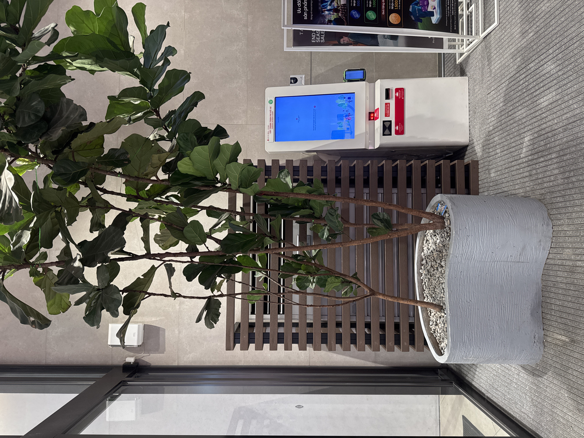 The image depicts an indoor scene, likely a commercial establishment in Hanoi, Vietnam. In the foreground, a large potted plant with dark green leaves is centrally positioned. The planter is a textured, light gray, wavy-shaped container filled with small gray pebbles. To the right of the plant, a white self-service kiosk with a blue touchscreen display is situated. The kiosk has branding that appears to be in Vietnamese, and displays various icons and text related to payment or services. Below the screen, there are buttons and slots for payment. Further to the right, a white metal display rack holds posters, one of which shows a promotion with text in Vietnamese, possibly advertising a sale or event. The background features a light gray tiled wall and a wooden slatted screen behind the plant. A glass door with a dark frame is visible on the far left, with a white wall-mounted object attached to the wall inside the establishment. The floor is covered with gray striped carpeting. No people are visible in the image.