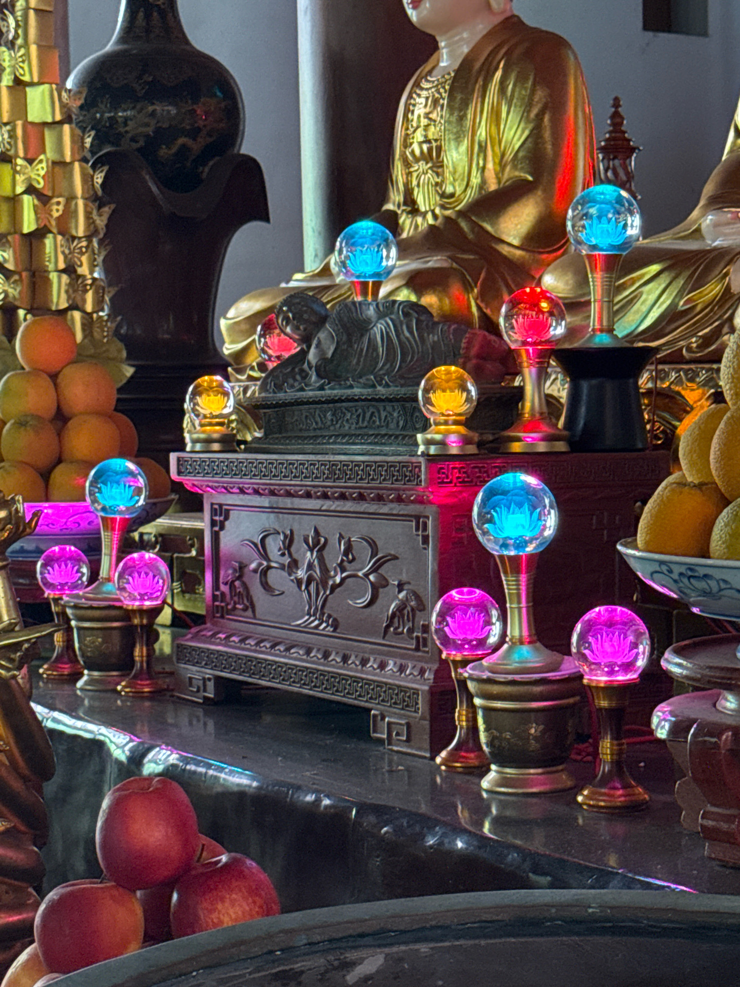 The image depicts an altar with several devotional objects, likely located in a Buddhist temple in Nha Trang, Vietnam. At the center is a dark, ornate chest, possibly housing relics, upon which rests a bronze sculpture of a reclining Buddha. Surrounding this central piece are several decorative lamps with glowing lotus flower motifs inside crystal spheres, illuminated in vibrant blues, pinks, and reds. To the left, a stack of oranges is arranged, and to the right, a bowl contains more oranges. In the background, golden statues of seated Buddhas are visible, draped in opulent robes. The overall impression is one of solemnity and spiritual devotion.