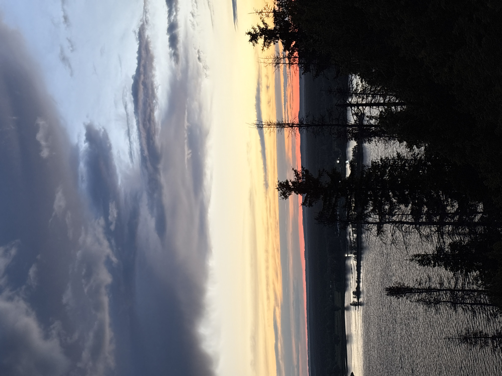 The image shows a landscape with a body of water, possibly a lake or river, under a colorful sky at sunset or sunrise. The sky transitions from dark, cloudy formations on the left to lighter shades of yellow, orange, and red on the right. Silhouetted trees line the right side of the image, and their reflections are visible in the water. The water surface is textured with small ripples, and some lights can be seen across the lake. There is no information in the image to confirm the location as Ольховка, Russia.