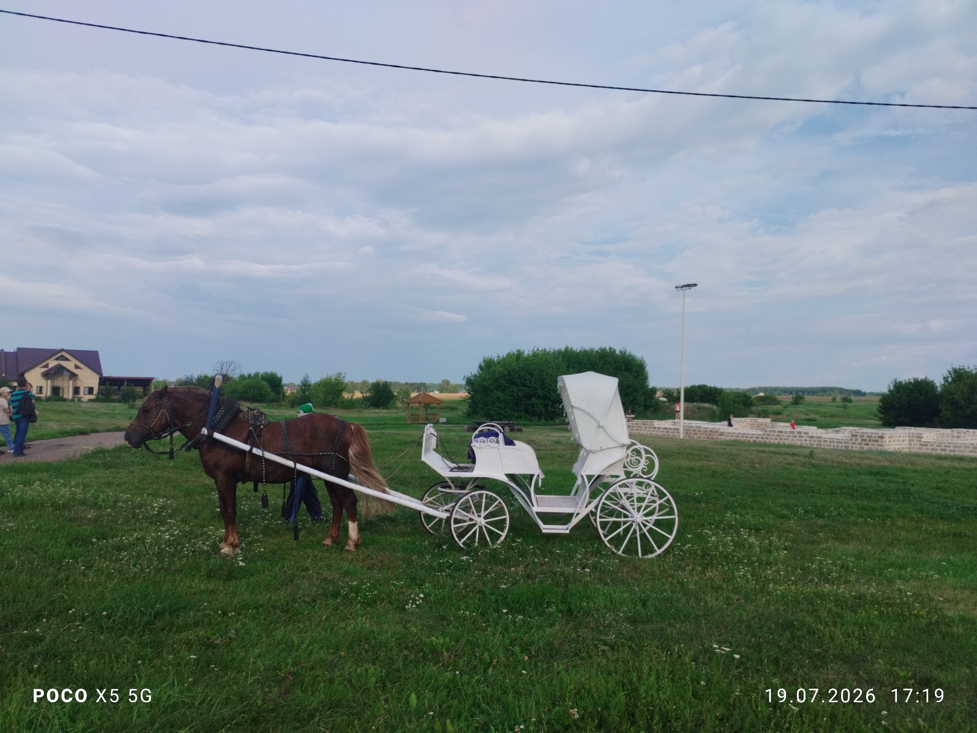 In Bolgar, Russia, a brown horse stands harnessed to a white carriage in a grassy field. The horse is facing left, its head lowered, and is equipped with a bridle and saddle. The carriage is ornate, with spoked wheels and a canopy, and is positioned to the right of the horse. In the background, a large building with a brown roof is visible, along with several trees and a low stone wall. The sky is overcast with clouds. A few people are present in the distance, near the building and along the wall. The date and time stamp on the image reads "19.07.2026 17:19".