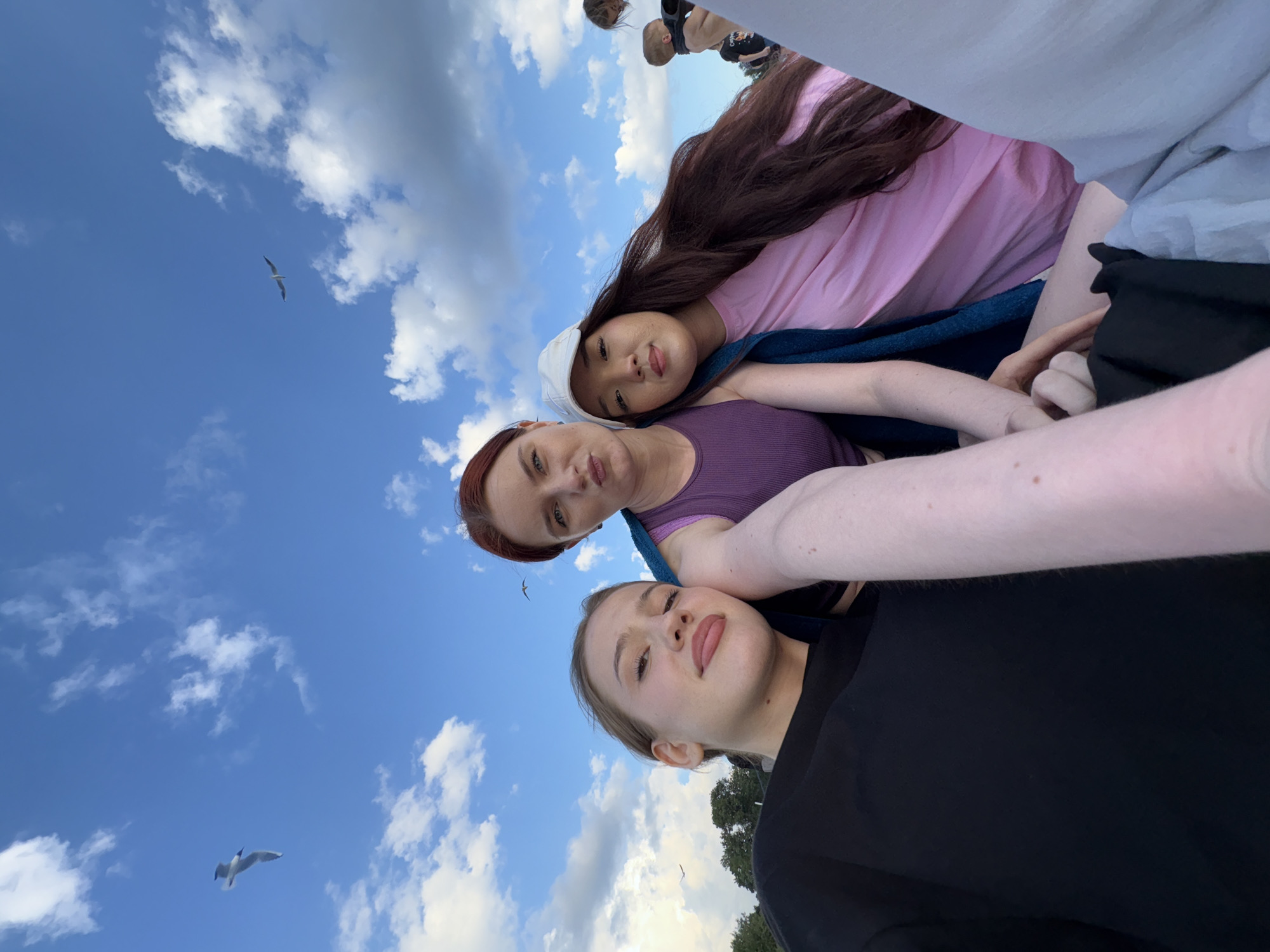 Three young women are taking a selfie outdoors. The woman on the left is wearing a black t-shirt and has her arm around the woman in the middle. The woman in the middle has red hair and is wearing a purple tank top. The woman on the right is wearing a pink t-shirt and a white cap. She has long, dark hair. The background is a blue sky with white clouds and two seagulls in flight. Trees are visible in the distance. There are other people in the background, out of focus. The image is taken from a low angle.