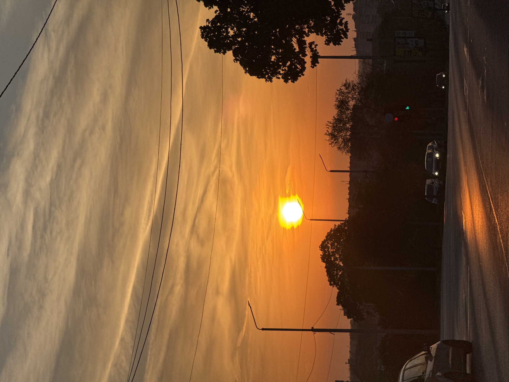 The image captures a sunset scene in what appears to be an urban area, potentially in Dobrich, Bulgaria. The sun is low in the sky, emitting a bright orange glow that illuminates the clouds. Overhead power lines are visible against the sky. Silhouetted trees and streetlights line what looks like a street to the right of the frame. Cars are also visible on the street, their headlights glowing. The street surface reflects the orange light of the sunset. The image is rotated; the horizon should be horizontal, not vertical.