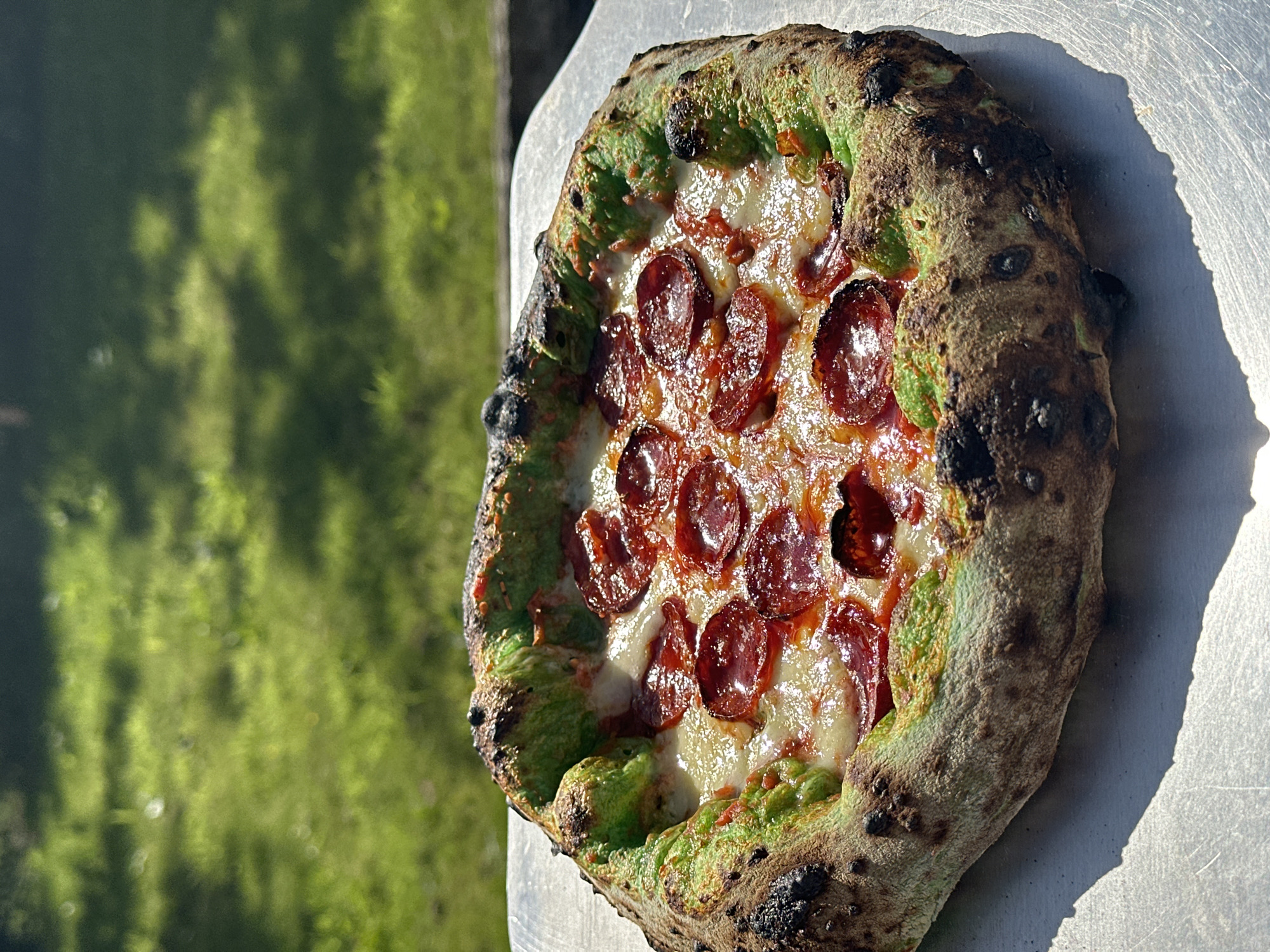 A pepperoni pizza with a green-tinged crust sits on a metal peel, outdoors. The pizza has melted white cheese and numerous slices of pepperoni. The crust is puffed and has some charred spots. In the background, out of focus, is a grassy area with dappled sunlight, suggesting a park or backyard setting. There are no people visible in the image. The location is not specified as Moortown, Ireland.