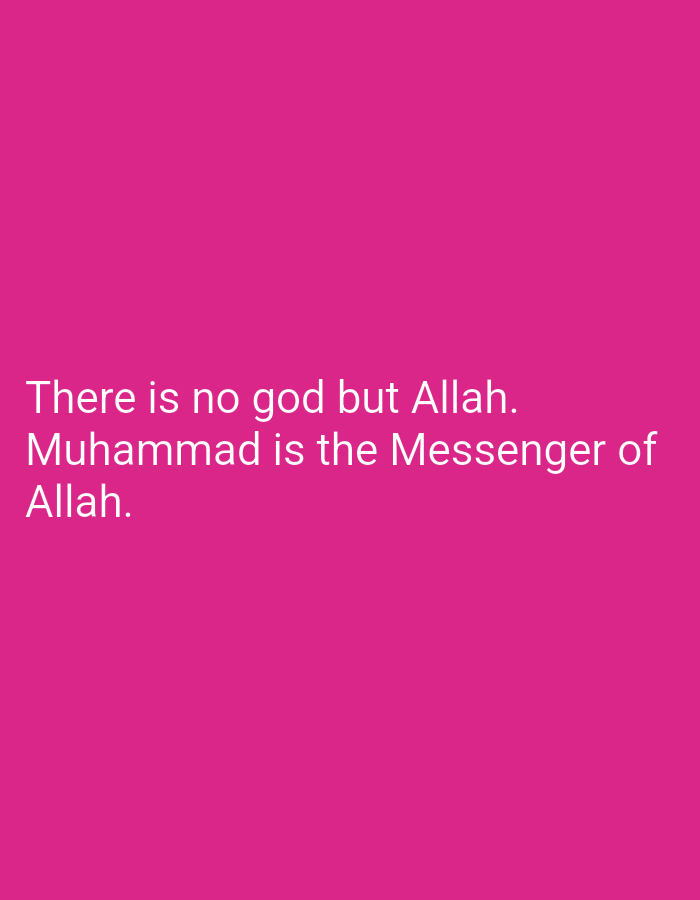 The image displays a plain, solid magenta-pink background. In the lower-left quadrant, white text is prominently featured. The text is written in a clear, sans-serif font and consists of two lines. The full text reads:
"There is no god but Allah.
Muhammad is the Messenger of Allah."