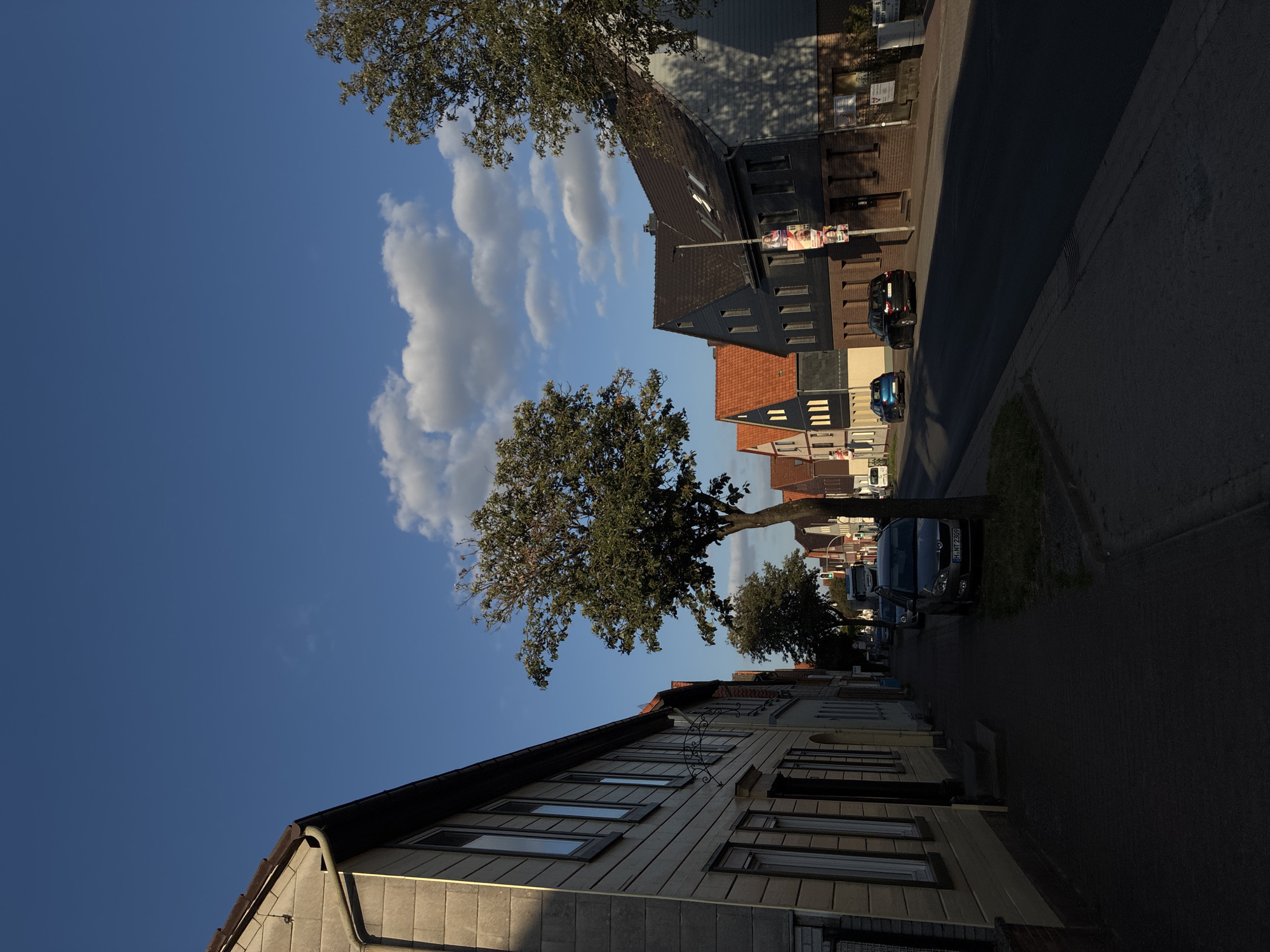 The image depicts a street scene in Springe, Germany, characterized by a row of residential buildings and a street lined with parked cars and trees. The architecture of the houses suggests a typical European town, with varying roof styles and building materials. A prominent tree stands in the middle ground, casting a shadow across the sidewalk and street. The sky is a clear blue with scattered white clouds, indicating fair weather. The overall impression is one of a quiet, ordinary day in a German town.