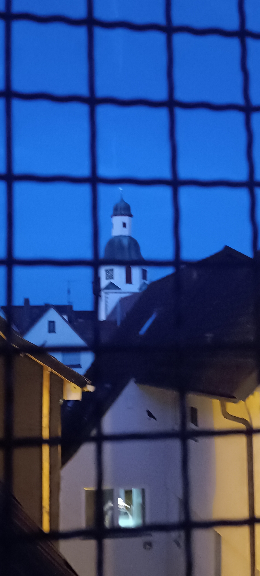 The image shows a view through a black grid, likely a fence or window grate, of the town of Winnenden, Germany at dusk. In the background, a church tower with a dark dome and white upper section is visible against a deep blue sky. The tower has a small square window and a cross at its apex. In the foreground and middle ground, various rooftops of residential buildings are seen, some with warm yellow exterior lighting. One building in the lower left has a prominent angled roof with yellow trim. A small black bird is perched on the roof of a white building in the middle right of the frame. Another building in the lower right has an illuminated window showing indistinct interior elements. The overall impression is of a quiet, residential scene in a European town as night begins to fall.