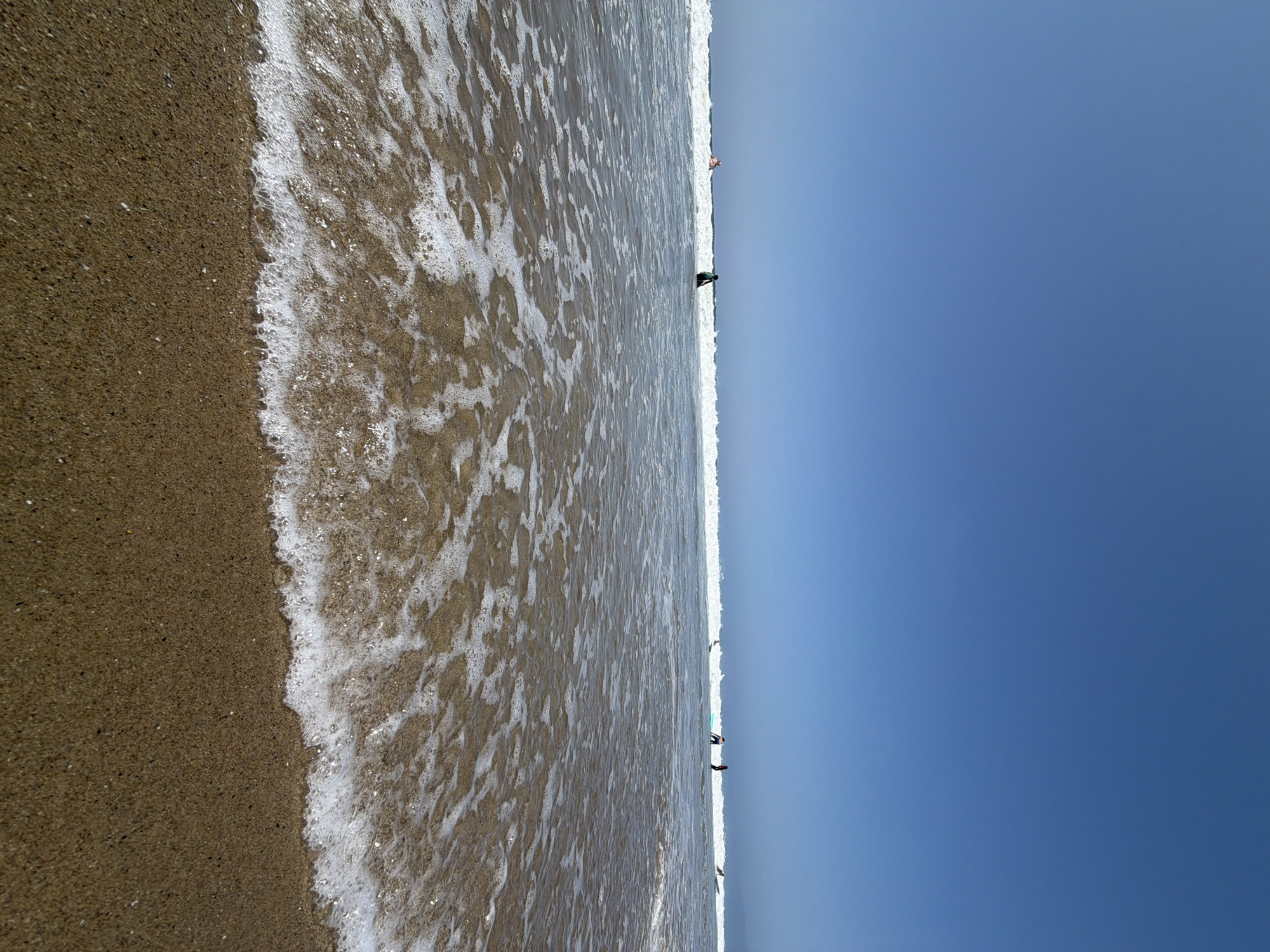 The image captures a sunny day at a beach with a clear blue sky. The foreground is dominated by the wet sand and gentle waves lapping at the shore, with white foam creating a frothy edge. In the middle ground, several individuals are visible in the ocean, some on surfboards and others wading in the water. The horizon shows a distinct line between the sea and the sky, with no visible landmass. The overall impression is one of a calm and pleasant day at the beach.