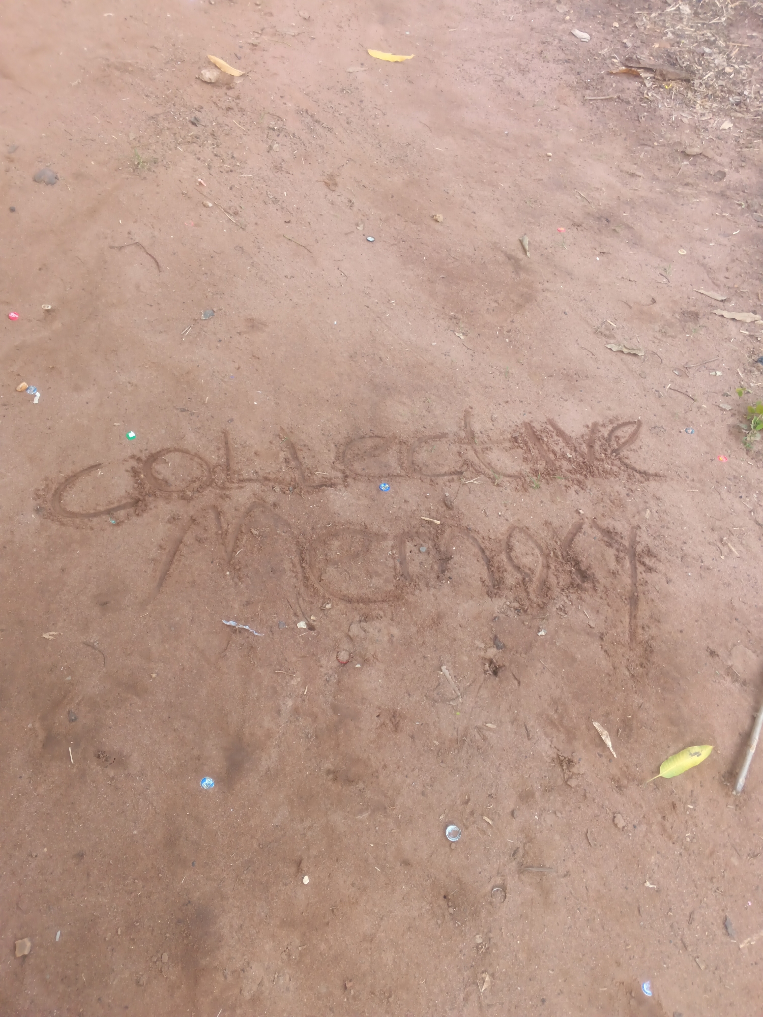 The image presents an overhead view of an outdoor ground surface, likely a dirt path or unpaved area in Eziudo, Nigeria. The ground is composed of reddish-brown dirt or sand, typical of tropical soils. Scattered across the surface are various small elements including dried leaves, thin twigs, and bits of human-made debris such as small pieces of plastic, bottle caps, and wrappers.
The central and most notable feature is text inscribed directly into the earth. The words "COLLECTIVE MEMORY" are written in uppercase letters, formed by displacing the dirt, likely with a finger or a stick. The writing is somewhat informal and uneven, reflecting the nature of the medium.
The lighting is bright and consistent across the scene, suggesting it is daytime. There are no strong shadows, which might indicate an overcast sky or midday sun. The ground appears dry, without any visible signs of recent moisture. The image captures a simple, transient message left upon the natural environment, hinting at human presence and interaction within this specific Nigerian setting.