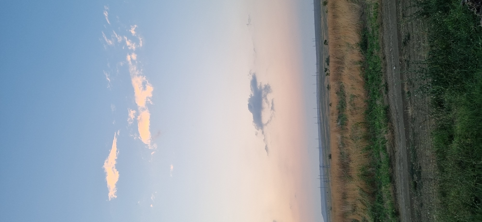 This image depicts an expansive, flat landscape under a pale blue and pink sky, indicative of either dawn or dusk. In the foreground, a dirt road runs horizontally across the frame, bordered by dry, golden-brown grass and patches of green vegetation. Beyond the road, the terrain stretches out to the horizon, characterized by more dry grass and sparse green bushes. A faint line of indistinct trees or bushes can be seen in the middle distance, and a series of utility poles, likely for electricity transmission, are visible at regular intervals across the plain, extending towards the horizon. The sky is clear with a few wispy clouds, some tinged with pale orange and pink from the setting or rising sun. The overall scene is serene and rural, suggesting an undeveloped or agricultural area. The location is identified as Blizhnee, Ukraine, a rural settlement, which aligns with the visual cues of open land and utility infrastructure typical of such areas. There are no people or animals visible in the image, nor any specific structures that would indicate an urban environment. The image captures a moment of quiet natural beauty in a remote setting.