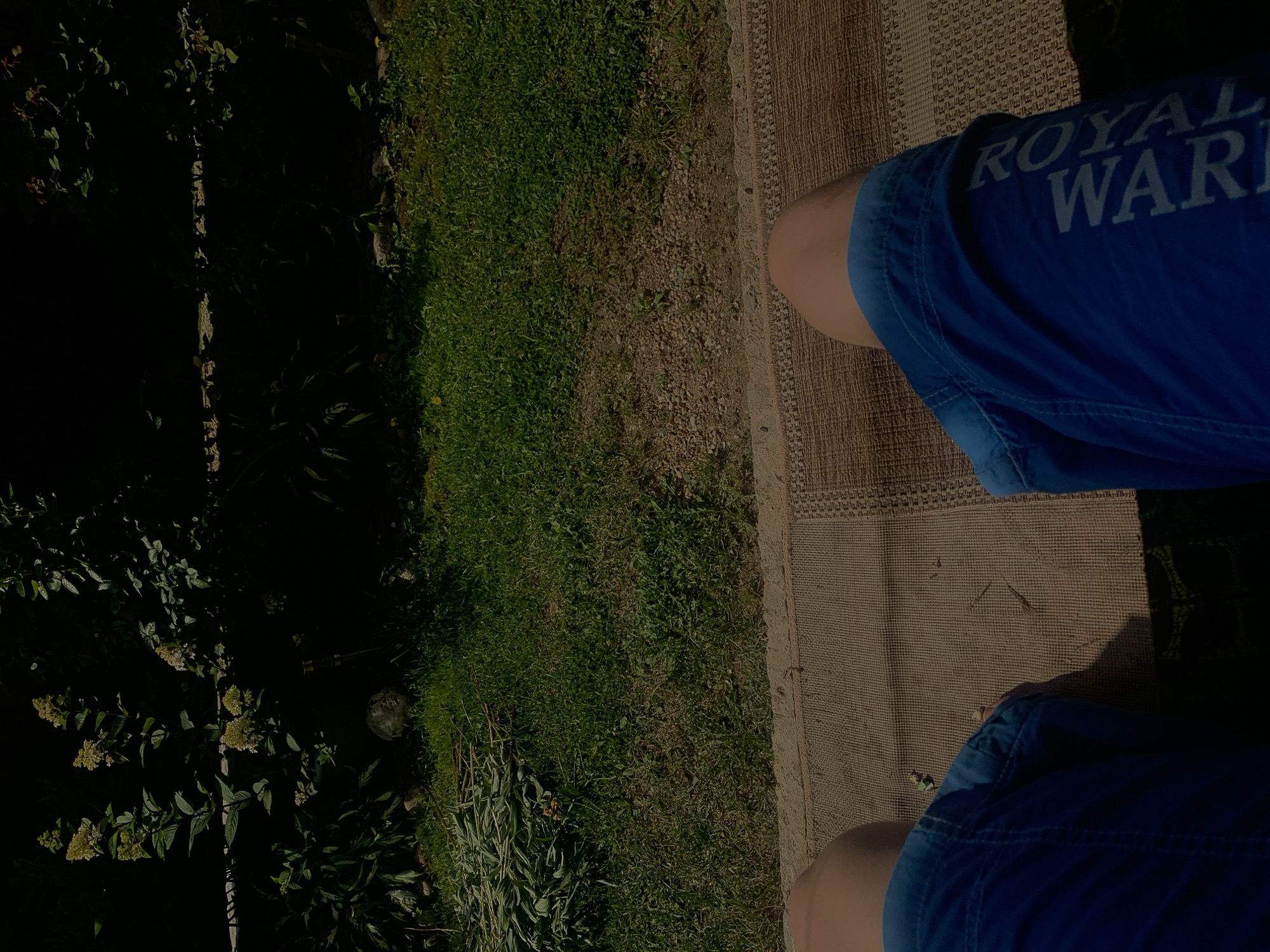 The image shows a person's legs and lower torso wearing blue shorts with white lettering. They are sitting on a woven mat, which is placed on the ground. The mat is light brown with a patterned weave. In the background, there is a patch of green grass, some gravel, and dark foliage. The lighting suggests it is daytime, possibly outdoors in a garden or park setting. The clothing and relaxed posture indicate a casual environment. The specific location in Minsk, Belarus, cannot be determined from the visual information provided.