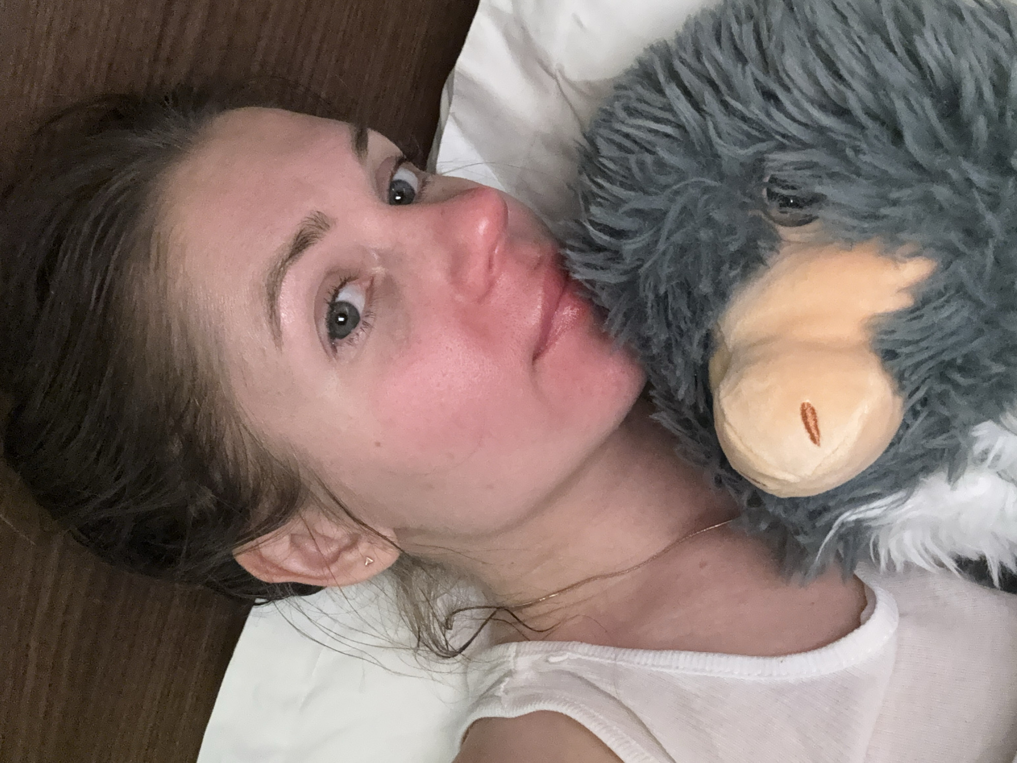 A light-skinned woman lies on a white pillow with her face turned upward and toward the viewer, her head resting on the pillow, next to a stuffed animal. The woman's face is slightly flushed. She has light eyes and dark hair pulled back. She wears a thin gold necklace and a light-colored shirt with a low neckline. The stuffed animal is gray and fluffy with a tan, rounded nose that has a small vertical line suggesting a nostril. The background consists of a dark brown wooden surface and a white pillow. The scene appears to be indoors, possibly a bedroom. There is no indication of location in the city of Tbilisi, Georgia.