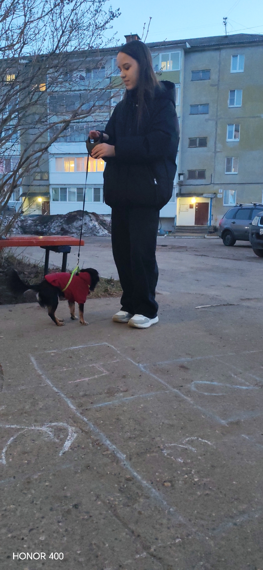In Noviy Urengoy, Russia, a young woman stands on a concrete surface marked with chalk hopscotch squares. She is holding a black leash attached to a small dog wearing a red coat. The woman is wearing a black puffy jacket, black pants, and white sneakers. Behind her is a five-story apartment building with lighted windows. A bare tree branch is visible in the left foreground. A red bench sits next to a patch of snow. A gray SUV is parked in front of the apartment building. The sky is dusk. The camera, a Honor 400, is visible at the bottom.