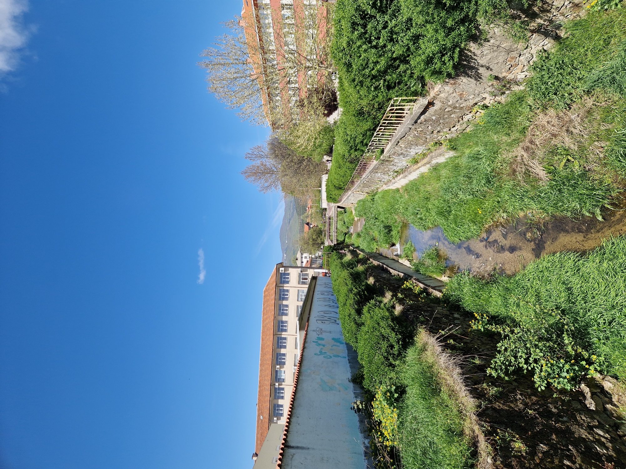 This image captures a vibrant outdoor scene on a clear, sunny day, likely in an urban or semi-urban setting, with distant mountains hinting at Panagyurishte, Bulgaria.
The primary subject is a narrow river or canal, flowing from the foreground into the distance. Its banks are lush with green grass, various weeds, and shrubs, some of which bear small yellow flowers. The riverbed appears shallow and rocky. Along sections of the river, rough stone walls are visible, providing structure to the banks. On the right side, a yellow metal railing runs along the top of one of these stone walls. Further down, a small pedestrian bridge or pathway crosses the waterway.
On either side of the river, multi-story buildings with reddish-brown tiled roofs and numerous windows are prominent. The building on the left, closer to the viewer, features a light-colored facade with several air conditioning units installed below its windows. The lower part of this building has a light blue-grey painted wall adorned with some indistinct graffiti. The building on the right is partly obscured by dense green foliage from mature trees and bushes.
The sky above is a brilliant, clear blue with a few wispy white clouds. Strong shadows cast by the buildings and vegetation indicate bright sunlight, suggesting it is late morning or early afternoon. No specific activity or people are visible, presenting a serene, static landscape.
